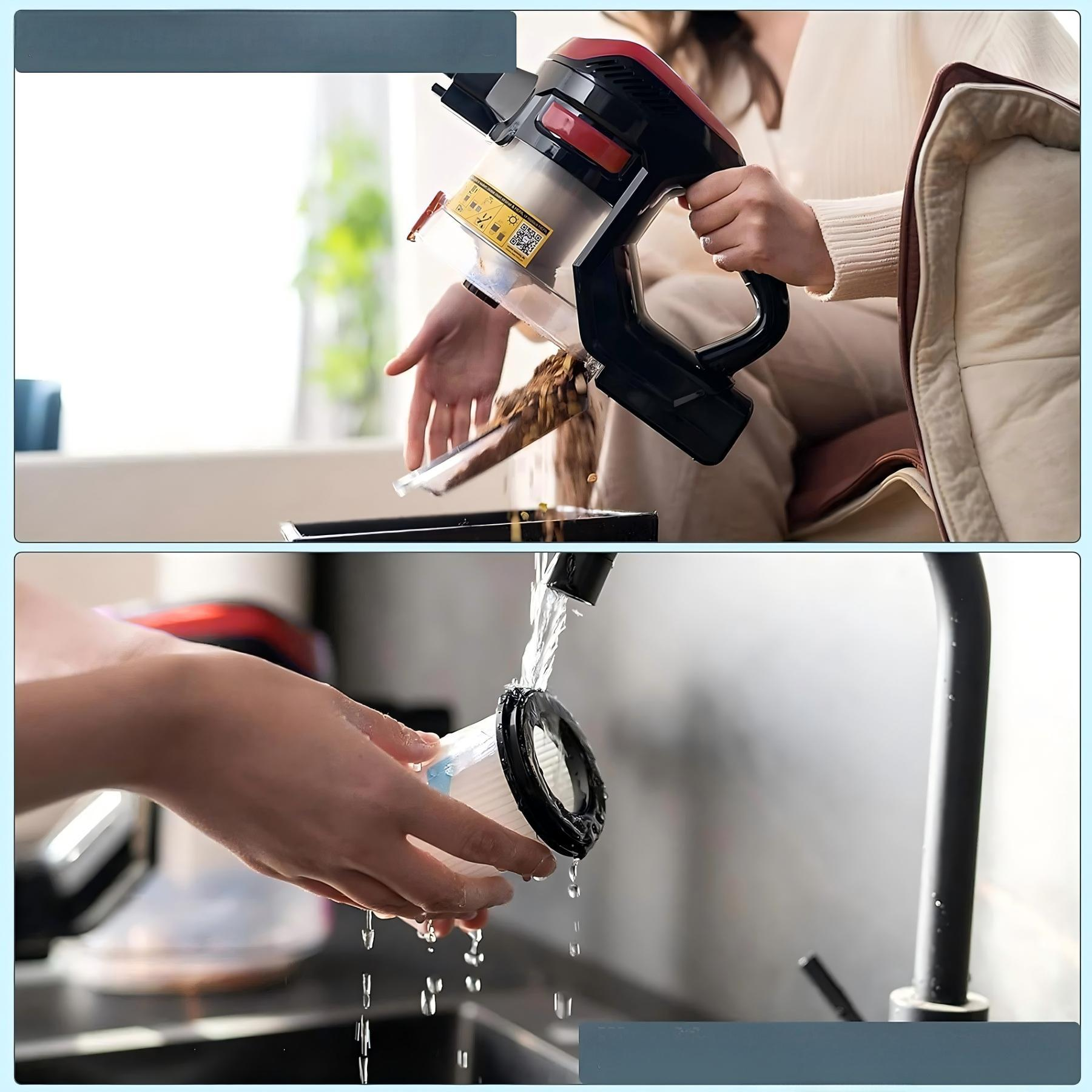 Osoba trzyma odkurzacz bezprzewodowy, opróżniając zanieczyszczenia. Poniżej ręka myje filtr pod bieżącą wodą.