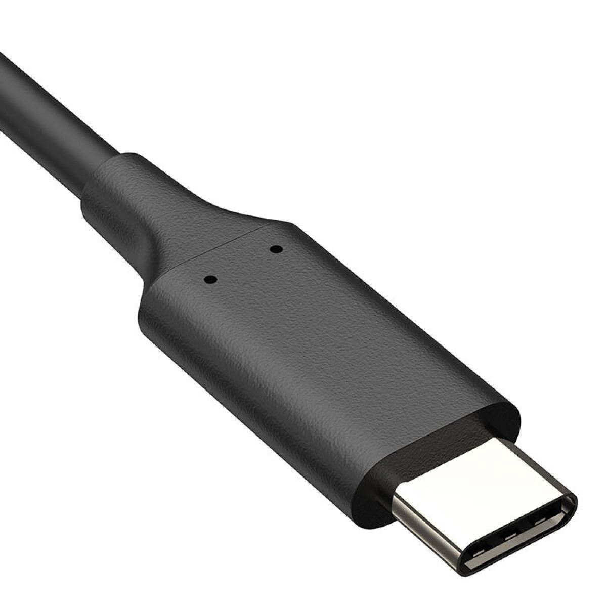 Siyah bir USB-C kablosunun yakın çekimi. Konektörün iç kısmı gümüş rengindedir. Kablo beyaz bir arka plan üzerinde.