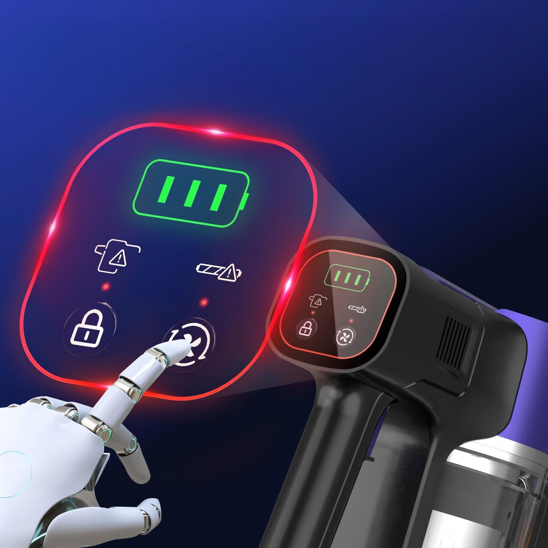 Robotyczna dłoń wskazuje panel sterowania odkurzacza, pokazując poziom naładowania baterii i ikony na niebieskim tle.