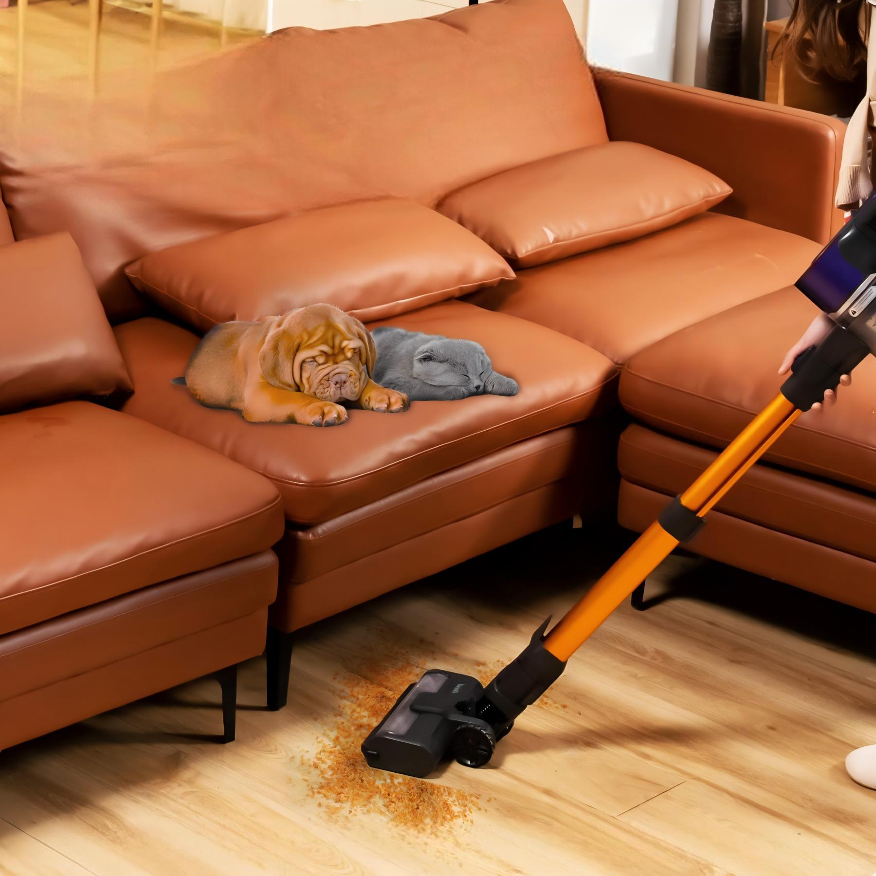 Osoba odkurza podłogę obok brązowej sofy, na której śpi pies i kot.