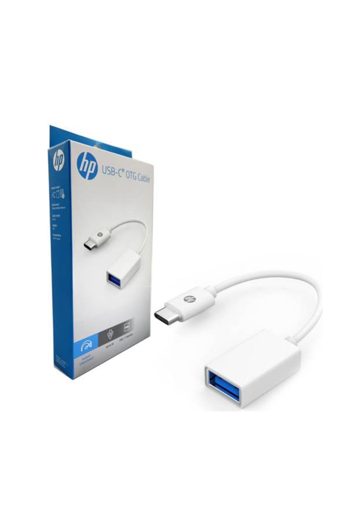 Bir HP USB-C OTG kablosu ve ambalajı. Kablo beyaz, mavi USB portlu. Kutu beyaz ve mavi.