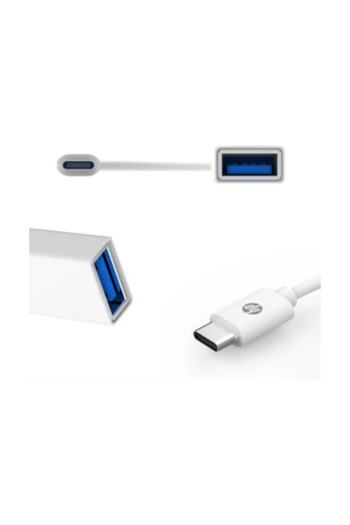 Görüntü, USB-A, USB-C ve mikro USB dahil olmak üzere, hepsi beyaz olan farklı türde USB kablolarını gösteriyor. Bazılarında HP logosu var.