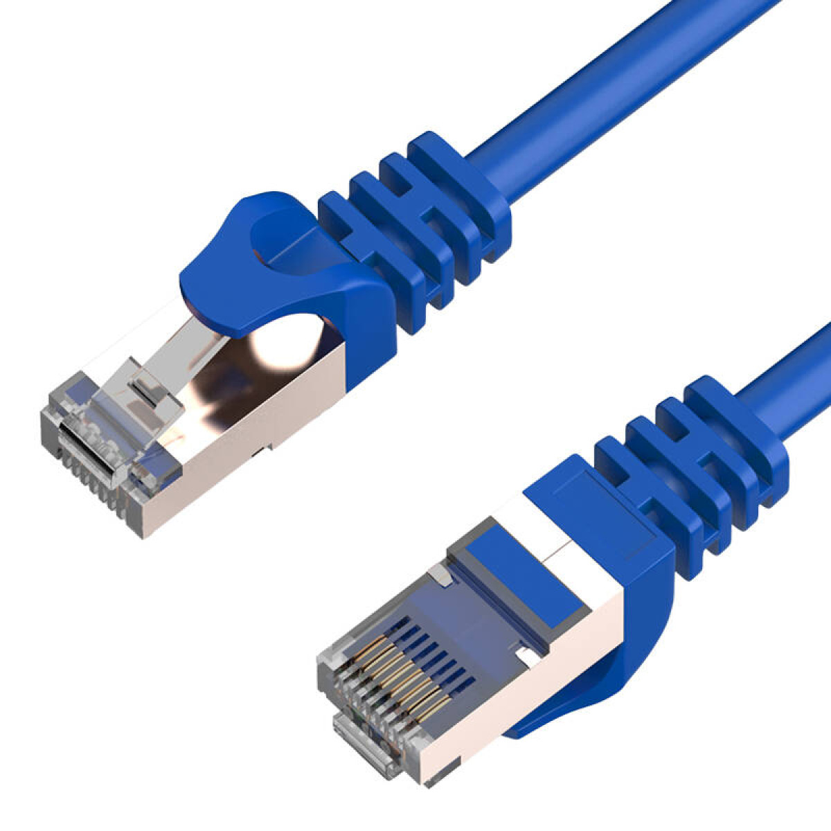 RJ45 konektörlü iki mavi Ethernet kablosu. Biri sol üste, diğeri sağ alta doğru, beyaz zemin üzerinde.
