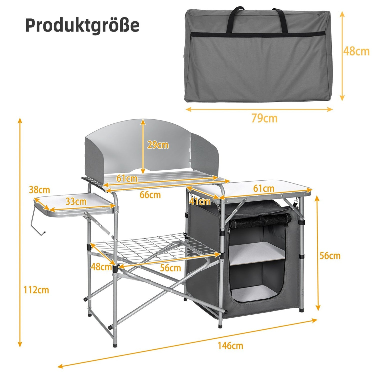Un juego de cocina de camping con medidas. Bolsa de transporte gris en la parte superior. Incluye mesa, estanterías y parabrisas.