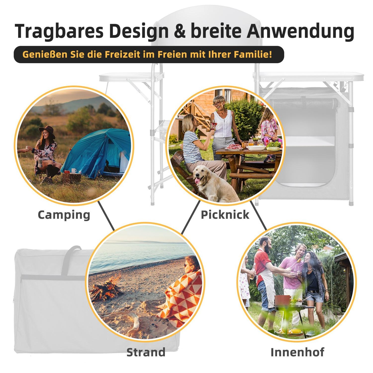 La imagen muestra escenas de camping, picnics, playa y actividades en el patio trasero. La gente disfruta del ocio al aire libre con un diseño portátil.