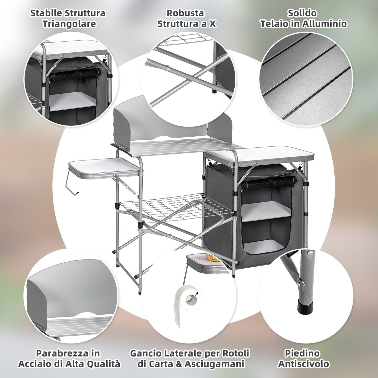 Una cocina de camping con estructura triangular, estructura en forma de X, marco de aluminio, parabrisas de acero de alta calidad y gancho para toallas.