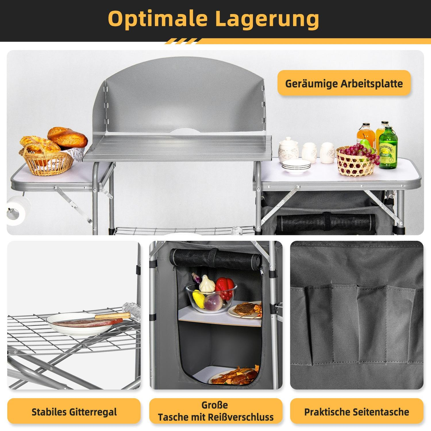 Mesa de camping con alimentos como pan, frutas y bebidas. Incluye estantes y una bolsa con cremallera.