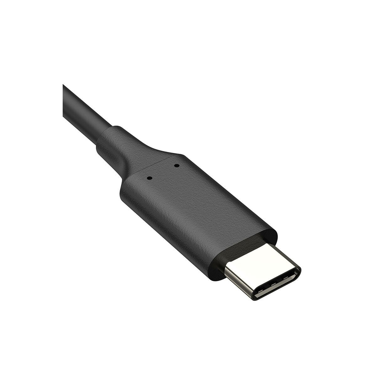 Siyah bir USB-C kablosunun yakın çekimi. Konnektör gümüş rengi, kablo siyah. Arka plan beyaz.
