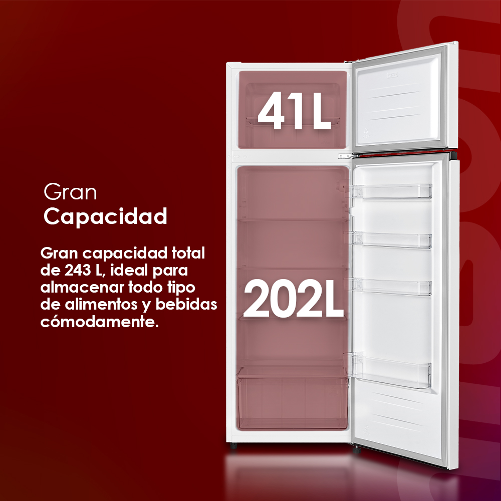 Un refrigerador blanco con la puerta abierta, mostrando estantes interiores y etiquetas que indican capacidad de 41L y 202L.