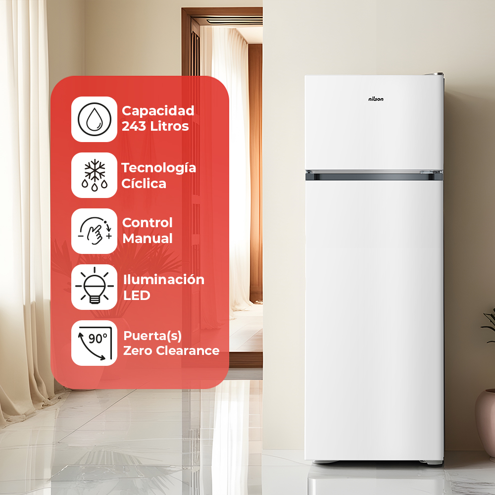 Un refrigerador blanco de nilson está junto a un letrero rojo con características e iconos. El fondo muestra una habitación con una puerta.