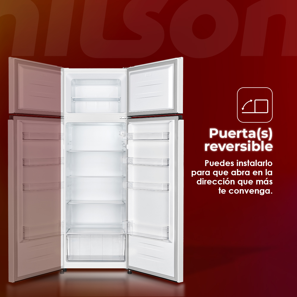 Se muestra un refrigerador blanco con las puertas abiertas. El texto a la derecha dice 'Puerta(s) reversible' y 'Puedes instalarlo'.