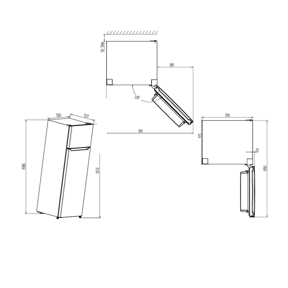 Dibujo técnico de un refrigerador con dimensiones en milímetros. El dibujo incluye vistas superior, lateral y frontal del aparato.
