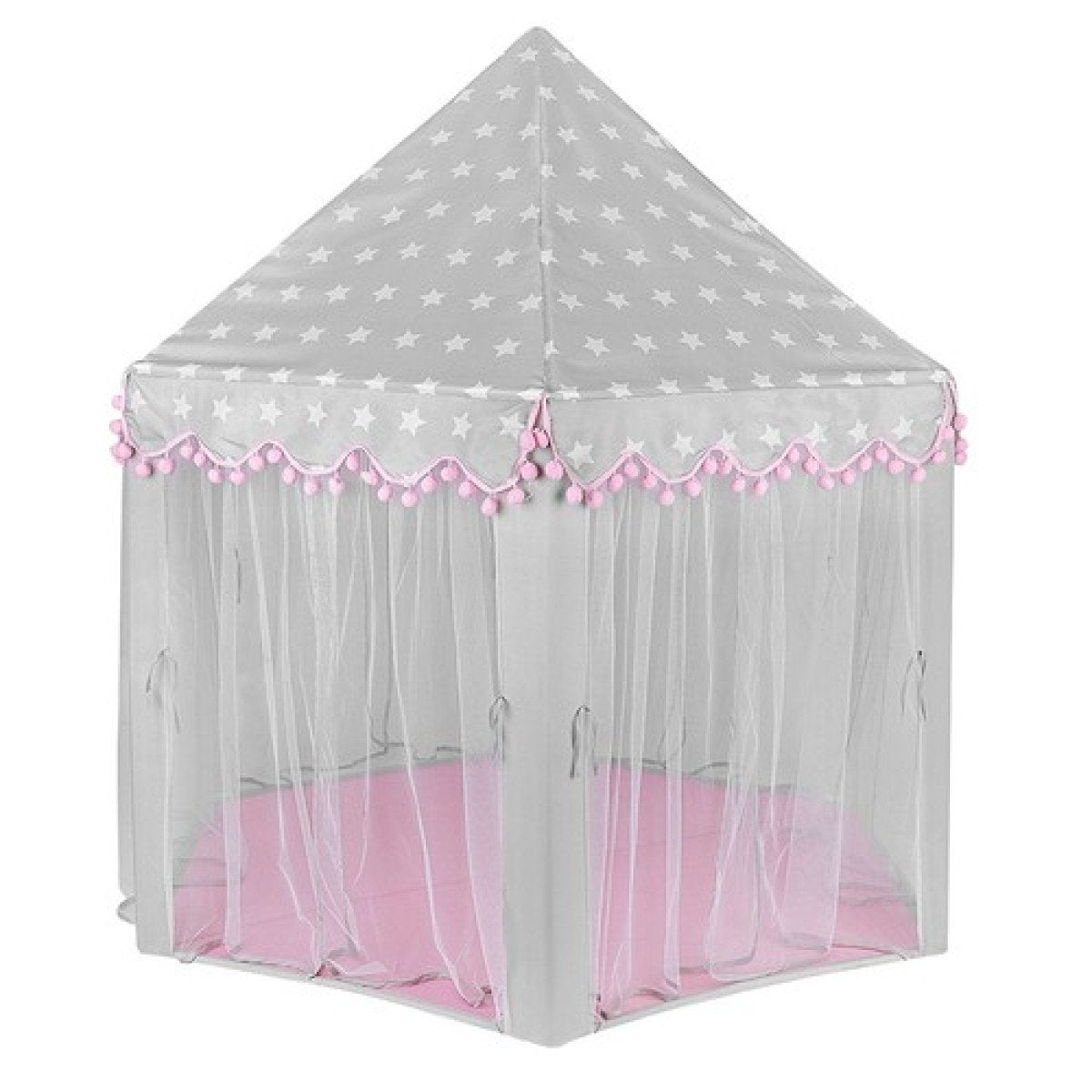 Una tenda da gioco grigia con stelle bianche sul tetto, finiture rosa e pavimento rosa. Tende a rete bianche pendono ai lati.