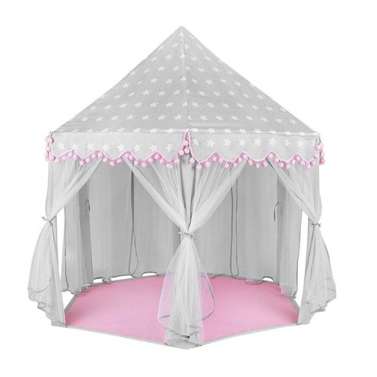 Una tenda da gioco grigia con stelle bianche e pompon rosa. L'interno è rosa. Le tende sono bianche.