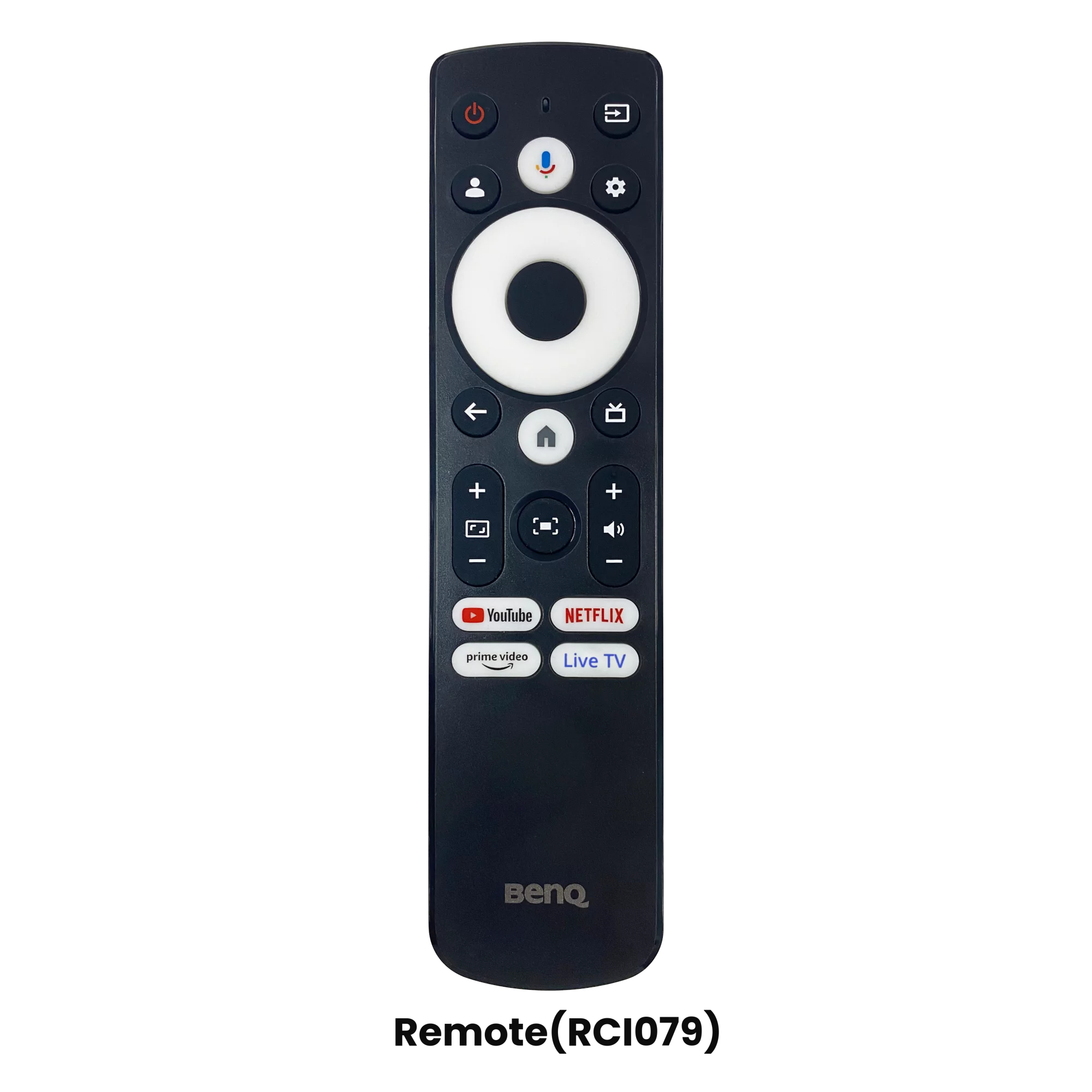 Télécommande noire avec anneau blanc. Elle comporte des boutons d'alimentation, de microphone et de paramètres. Inclut YouTube, Netflix et Prime Video.