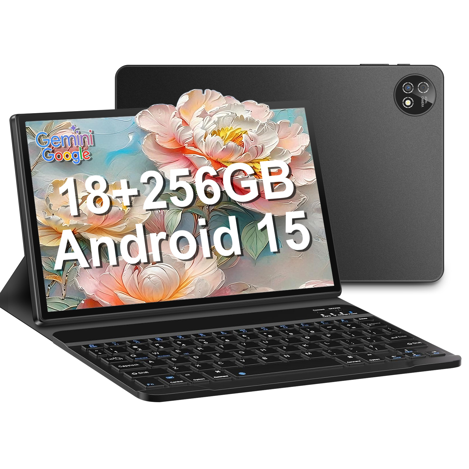 Ein Tablet mit Tastatur wird angezeigt. Der Bildschirm zeigt Blumenkunst und Text: 18+256GB Android 15. Das Tablet ist schwarz.