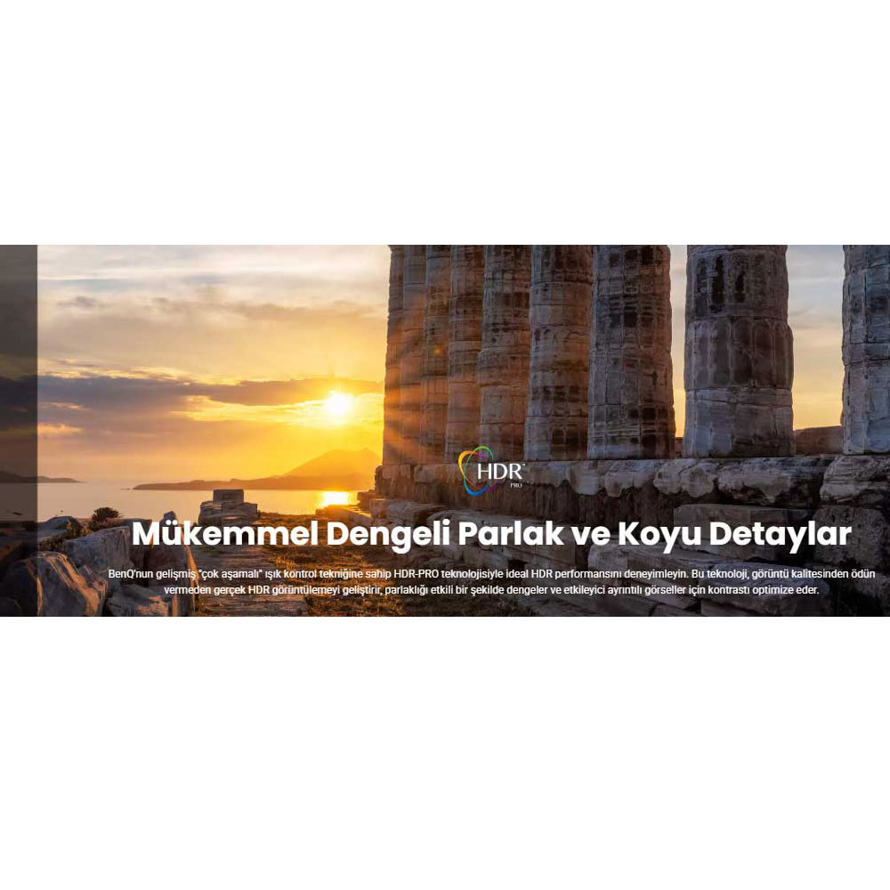 Antik kalıntılar üzerinde gün batımı. Gökyüzü turuncu. Metin: 'Mükemmel Dengeli Parlak ve Koyu Detaylar'.