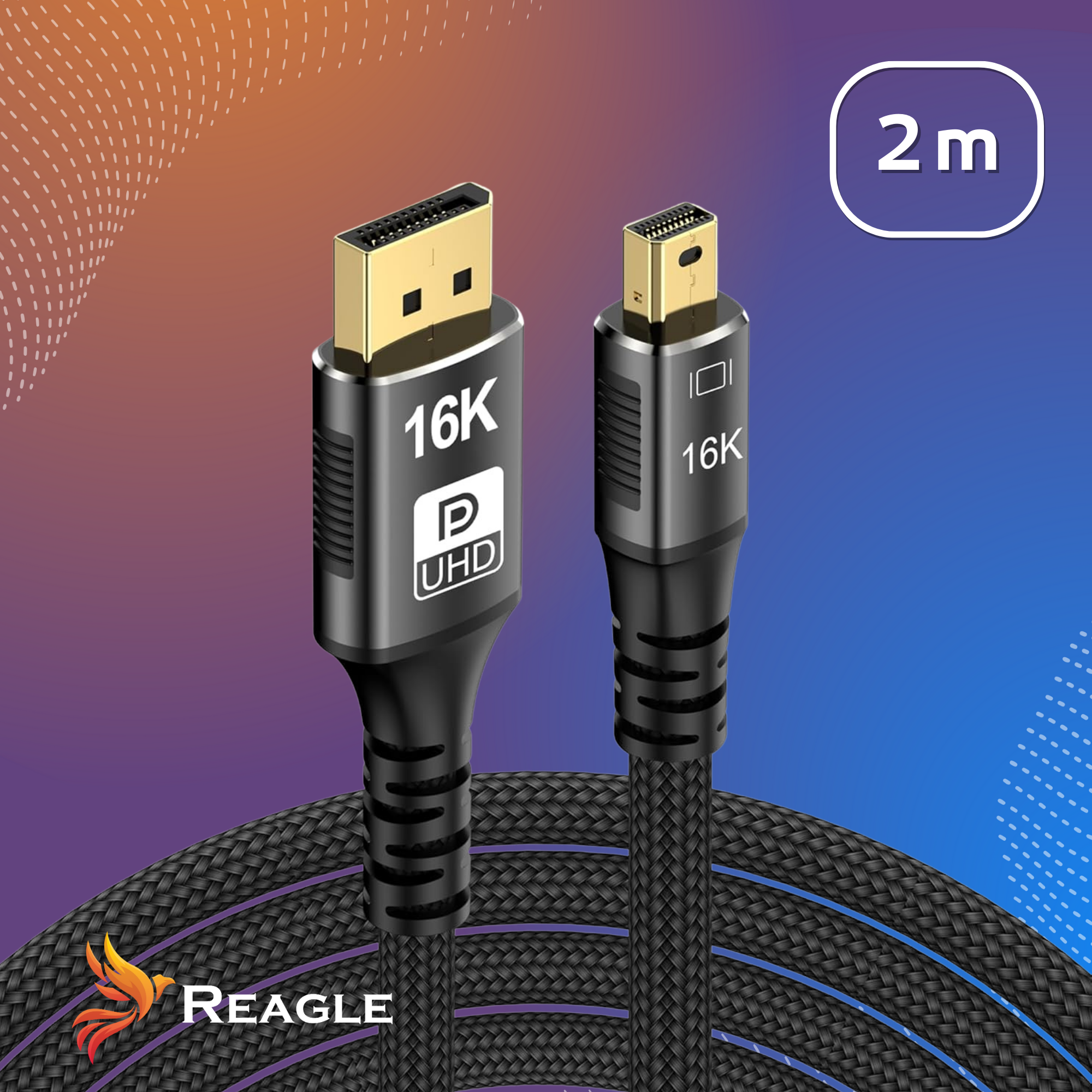 Czarny kabel HDMI ze złotymi złączami. Wyświetla 16K, UHD i długość 2m. Logo Reagle jest na dole.