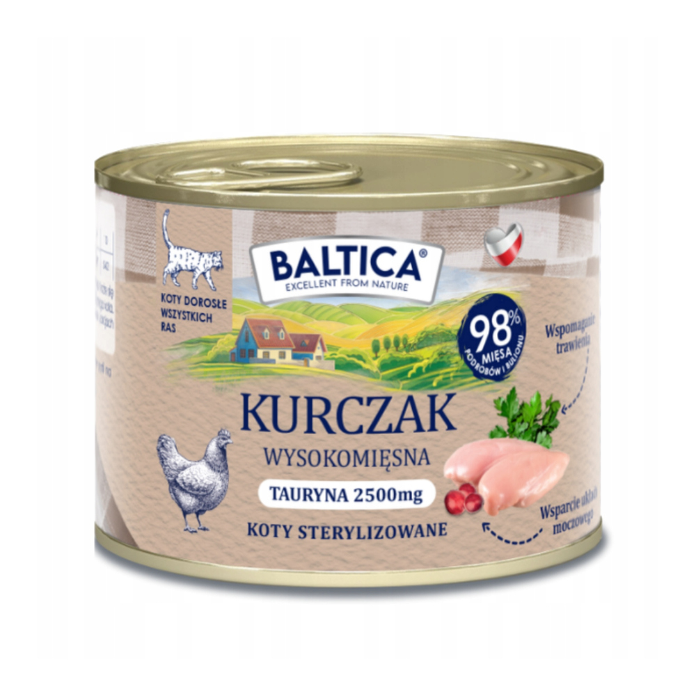 Puszka karmy dla kotów marki 'Baltica'. Zawiera grafikę kurczaka, napis 'Kurczak' i '98% mięsa'. Zawiera obrazek kawałków kurczaka.