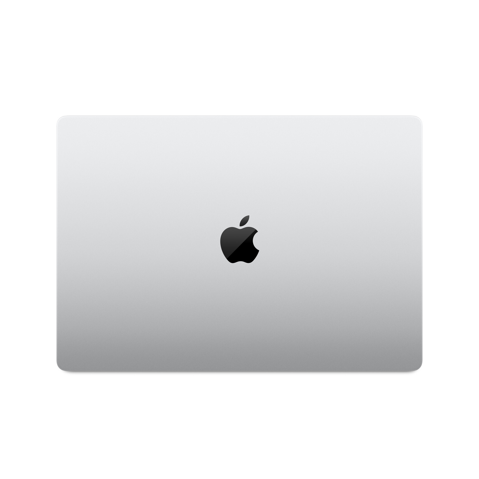 Srebrny laptop z czarnym logo Apple na pokrywie na białym tle.