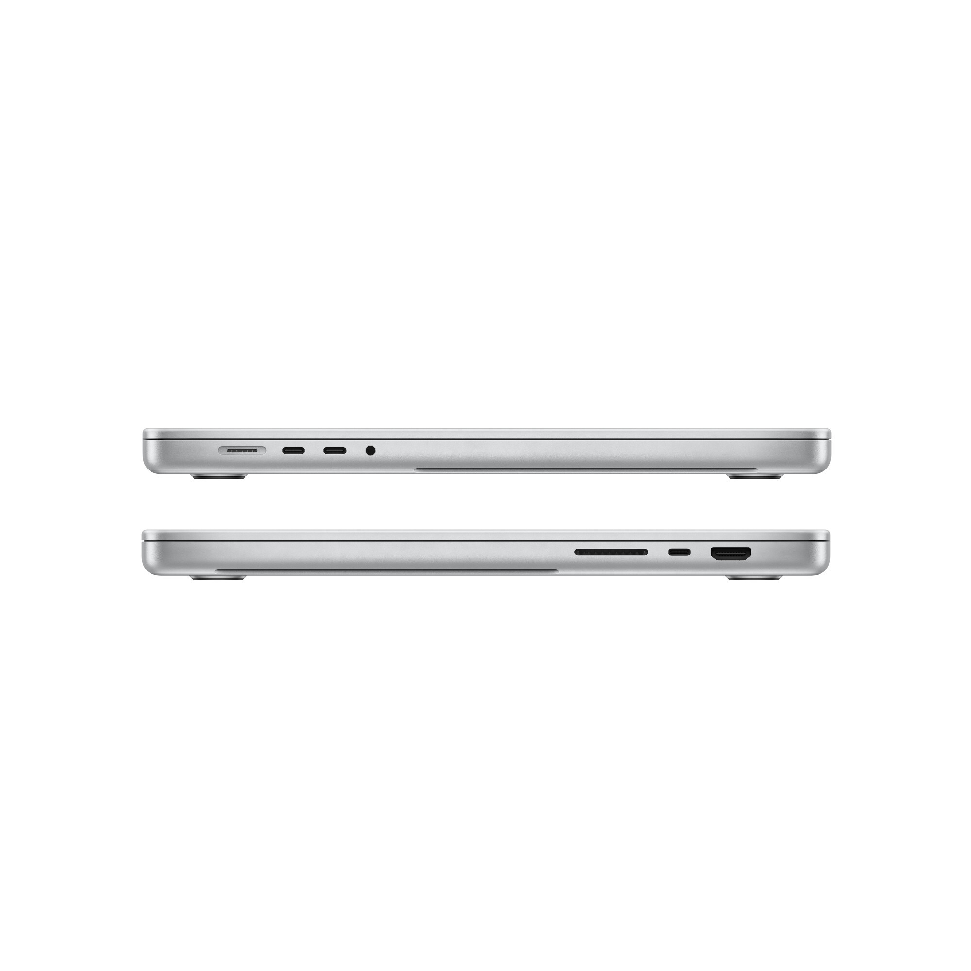 Dwa srebrne laptopy pokazane obok siebie. Każdy ma widoczne porty. Tło jest białe.