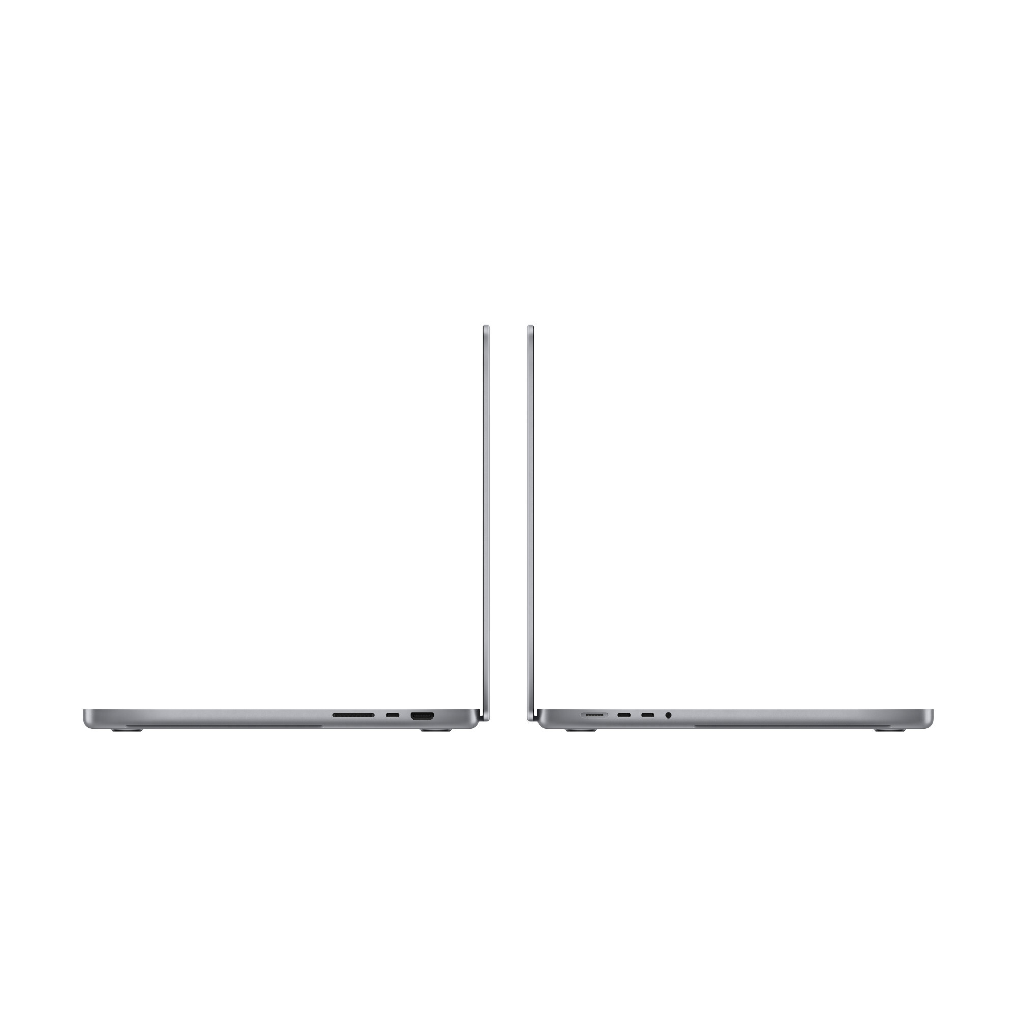 Dwa szare laptopy pokazane obok siebie, prezentujące widoki z profilu na białym tle.