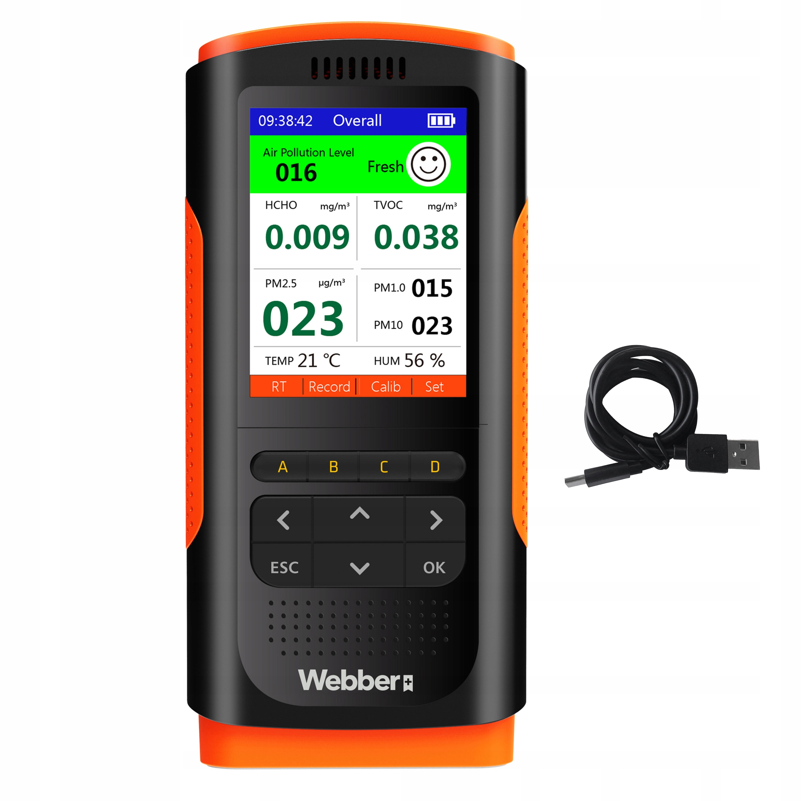 Ein Luftqualitätsmonitor mit Bildschirm, USB-Kabel und orange-schwarzem Design.