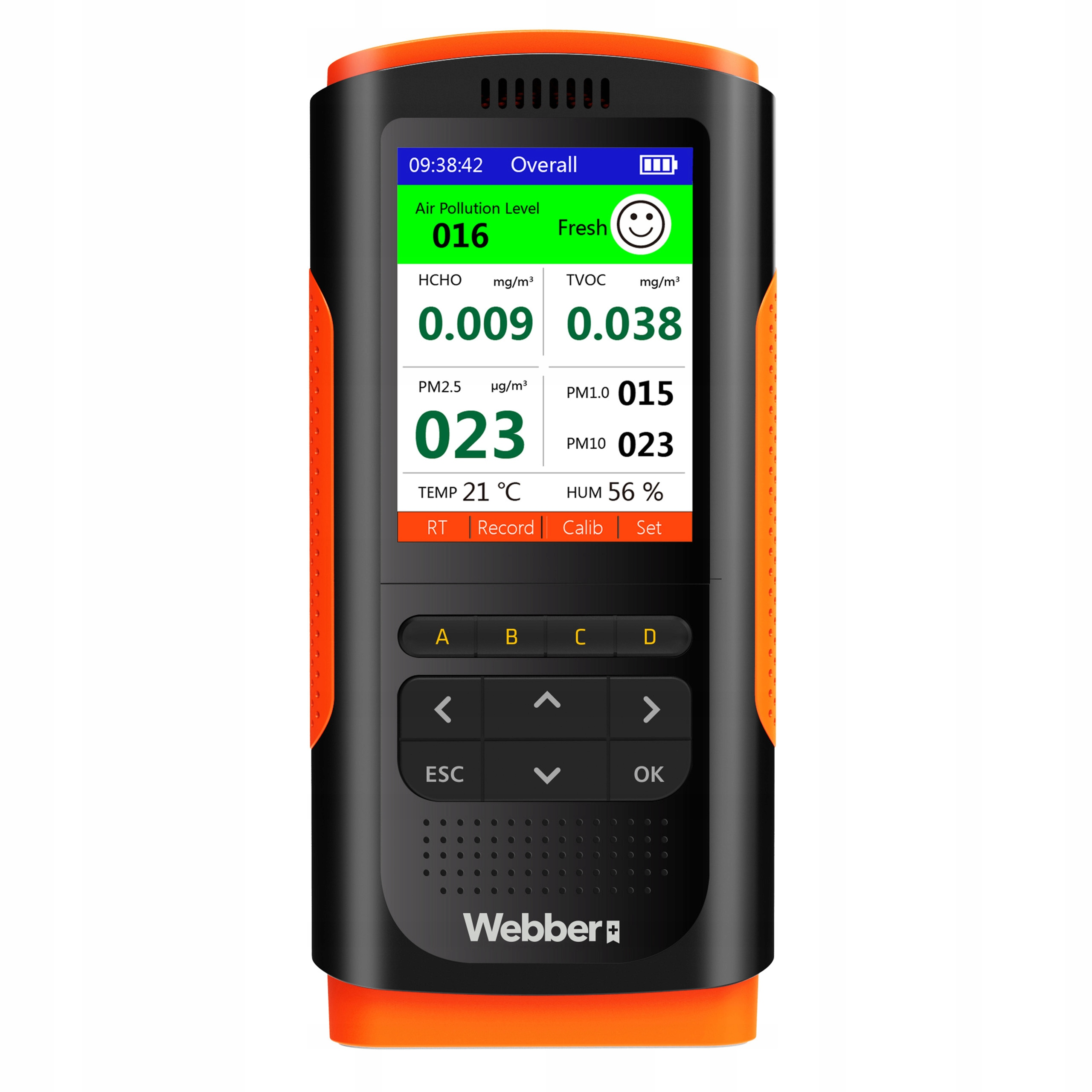 Ein tragbares Luftqualitätsmessgerät mit schwarz-orangefarbenem Design zeigt Messwerte und Steuertasten an.