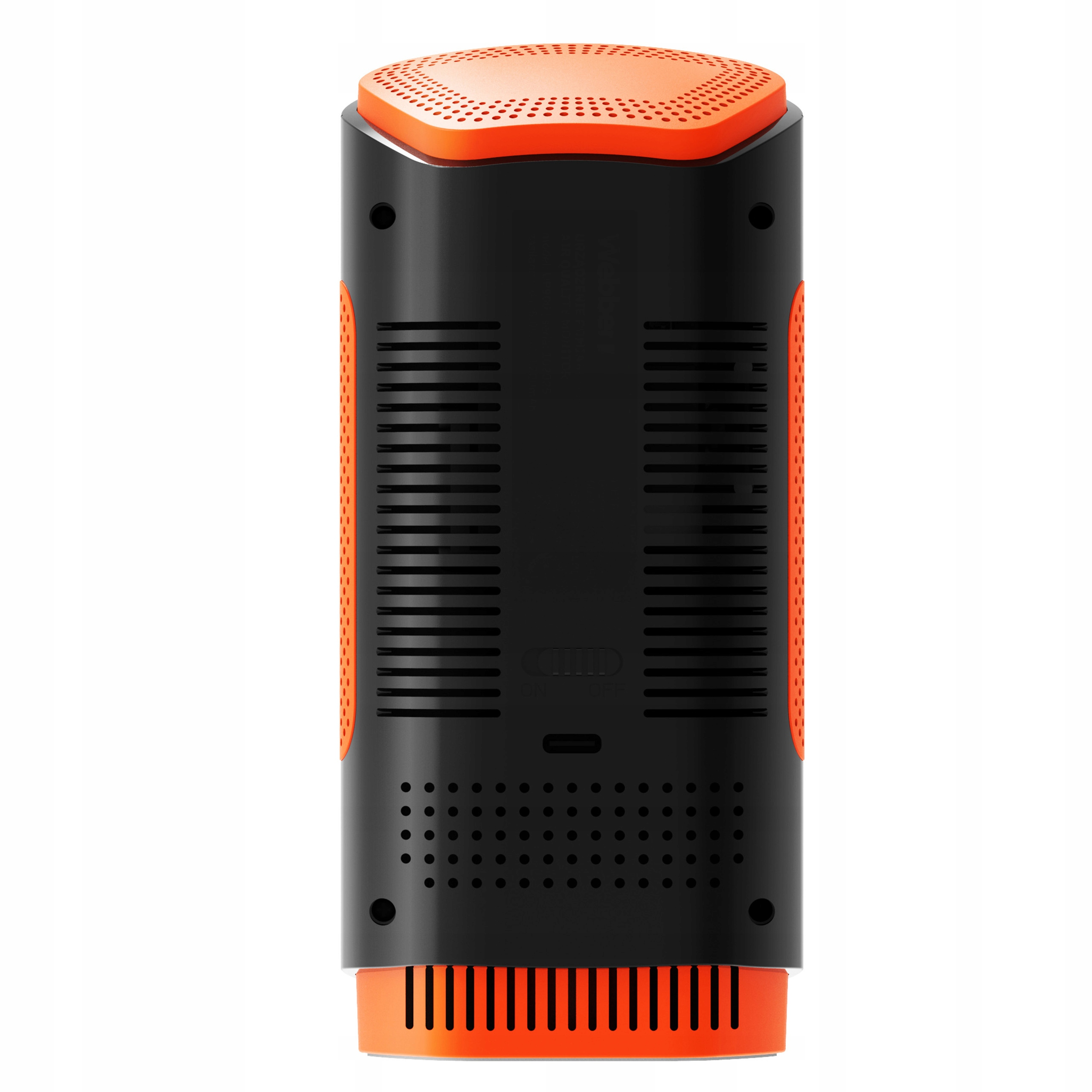 Ein zylindrischer Lautsprecher in Schwarz und Orange. Es hat eine perforierte Ober- und Unterseite mit Belüftungsöffnungen.