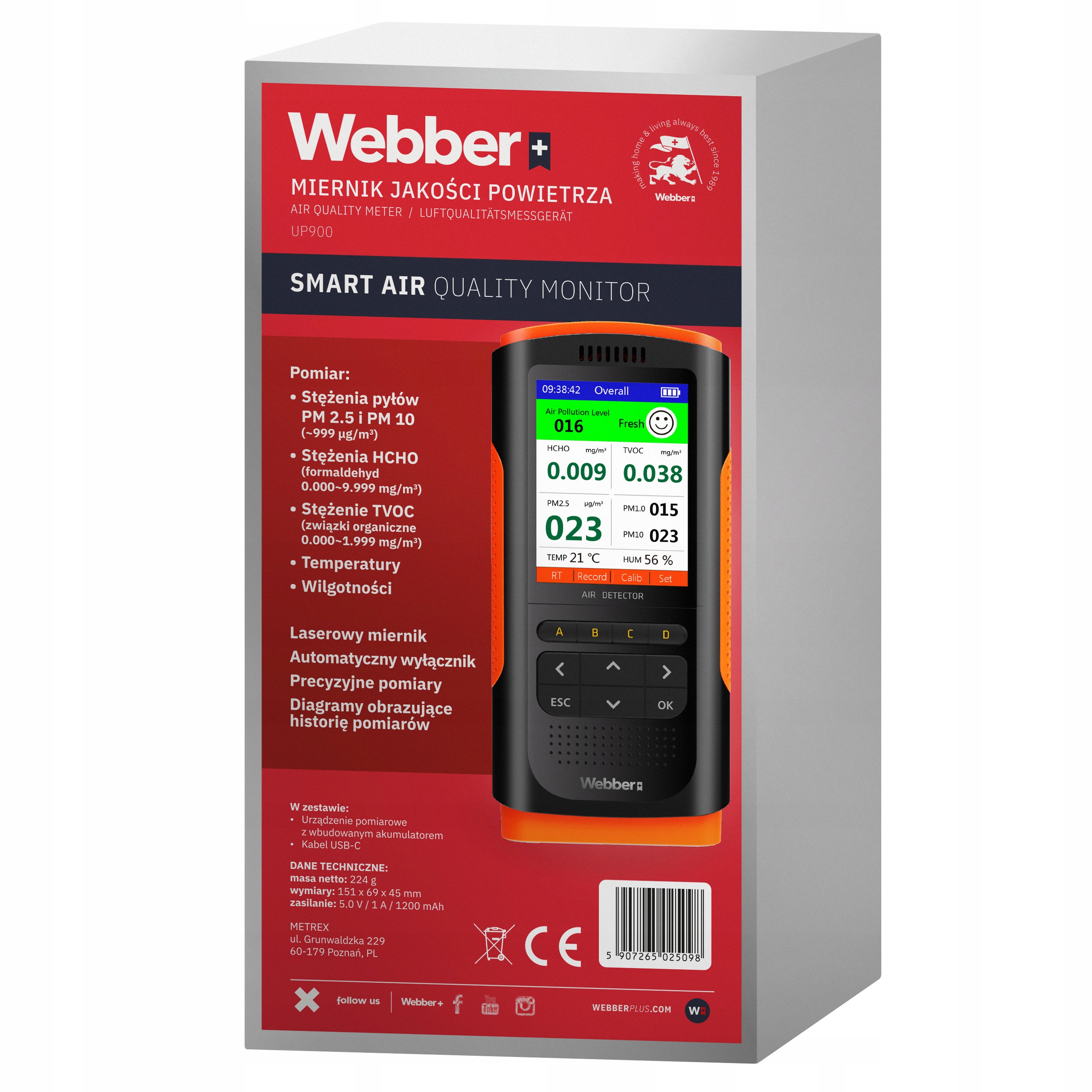 Ein Webber Luftqualitätsmonitor UP900. Es zeigt Messwerte auf einem Bildschirm an. Grüner Text auf schwarzem Hintergrund, orange Akzente.