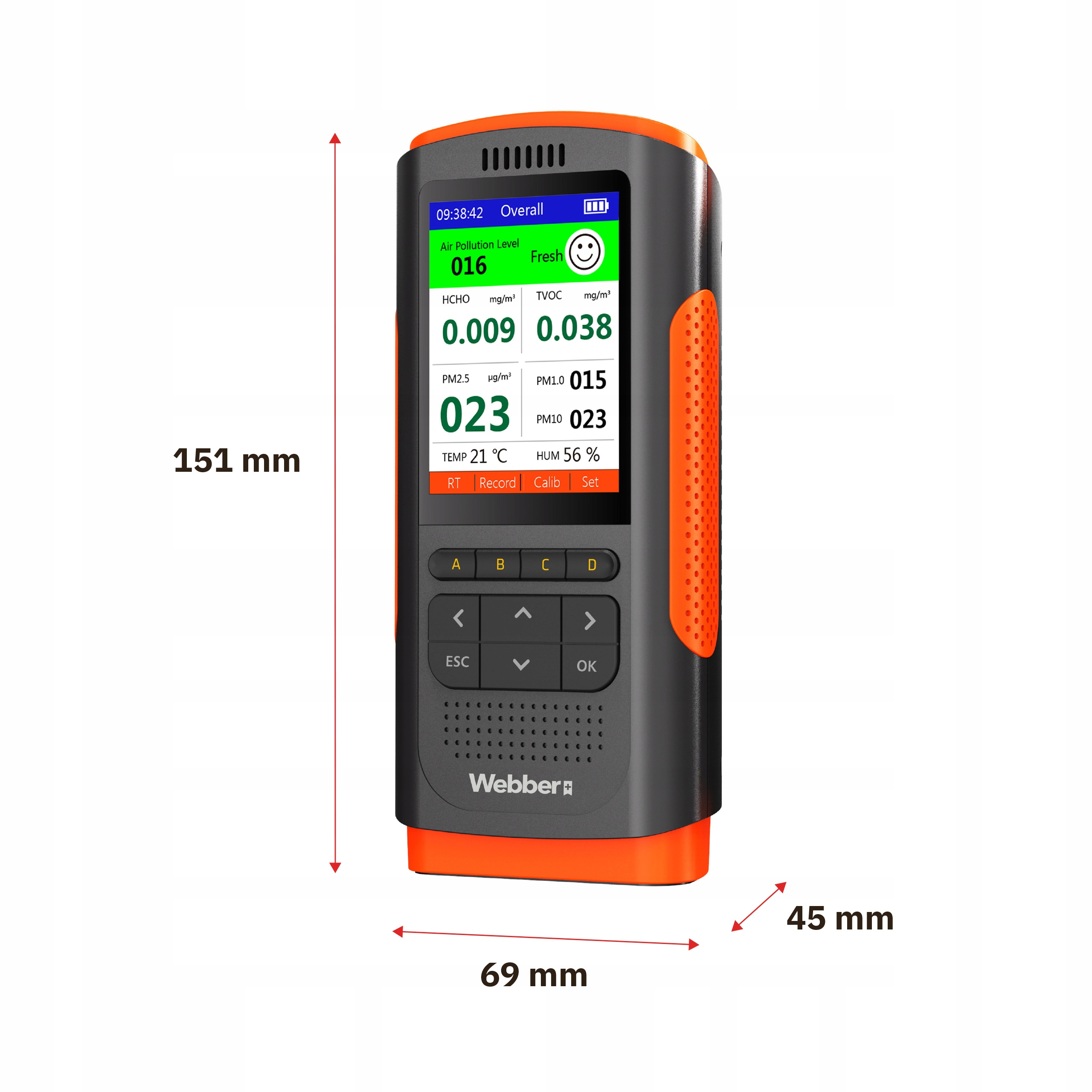 Ein Luftqualitätsmonitor, schwarz und orange, zeigt Messwerte für verschiedene Schadstoffe an. Abmessungen sind angegeben.