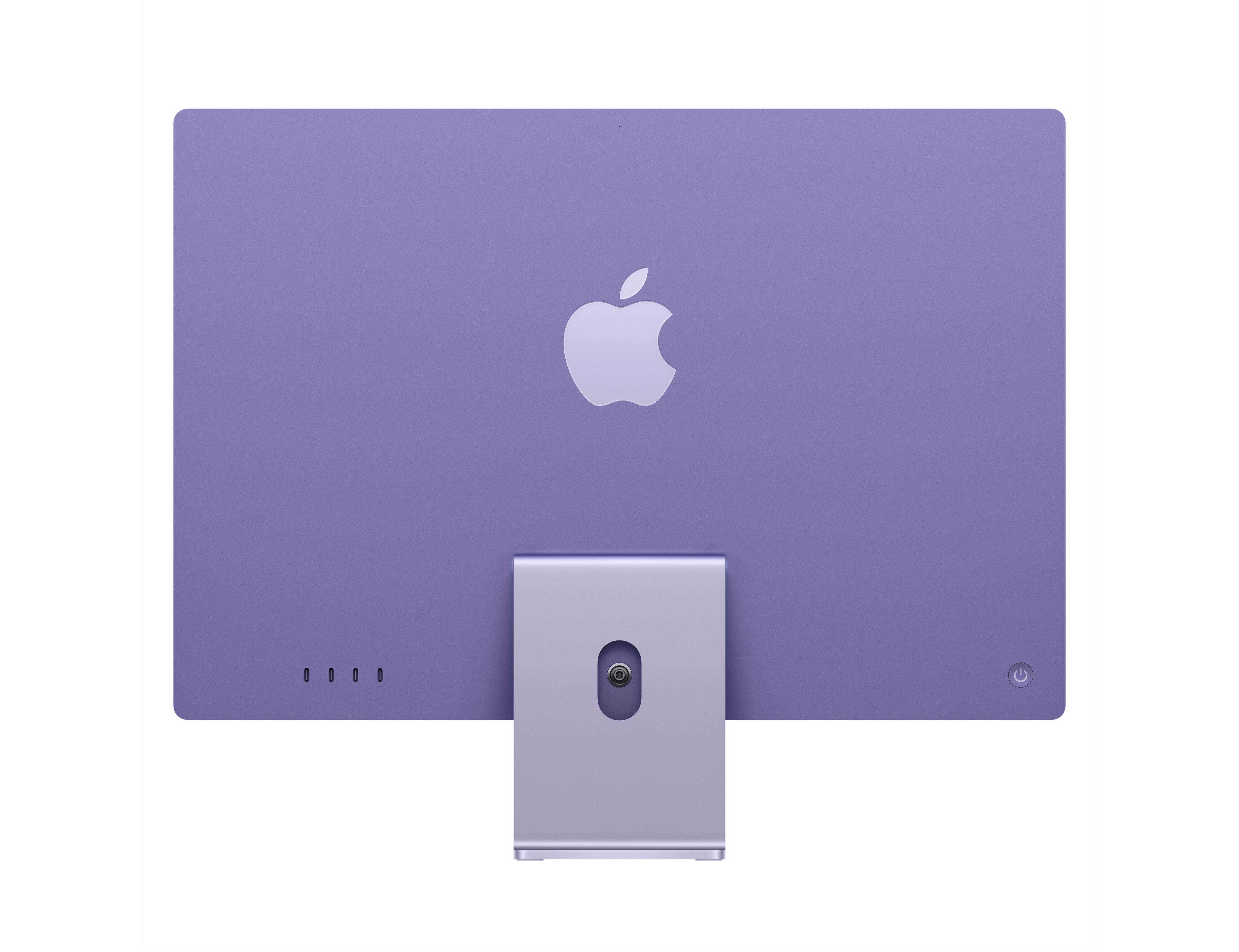Vista trasera de un iMac morado. El logo de Apple es visible. El soporte es plateado.