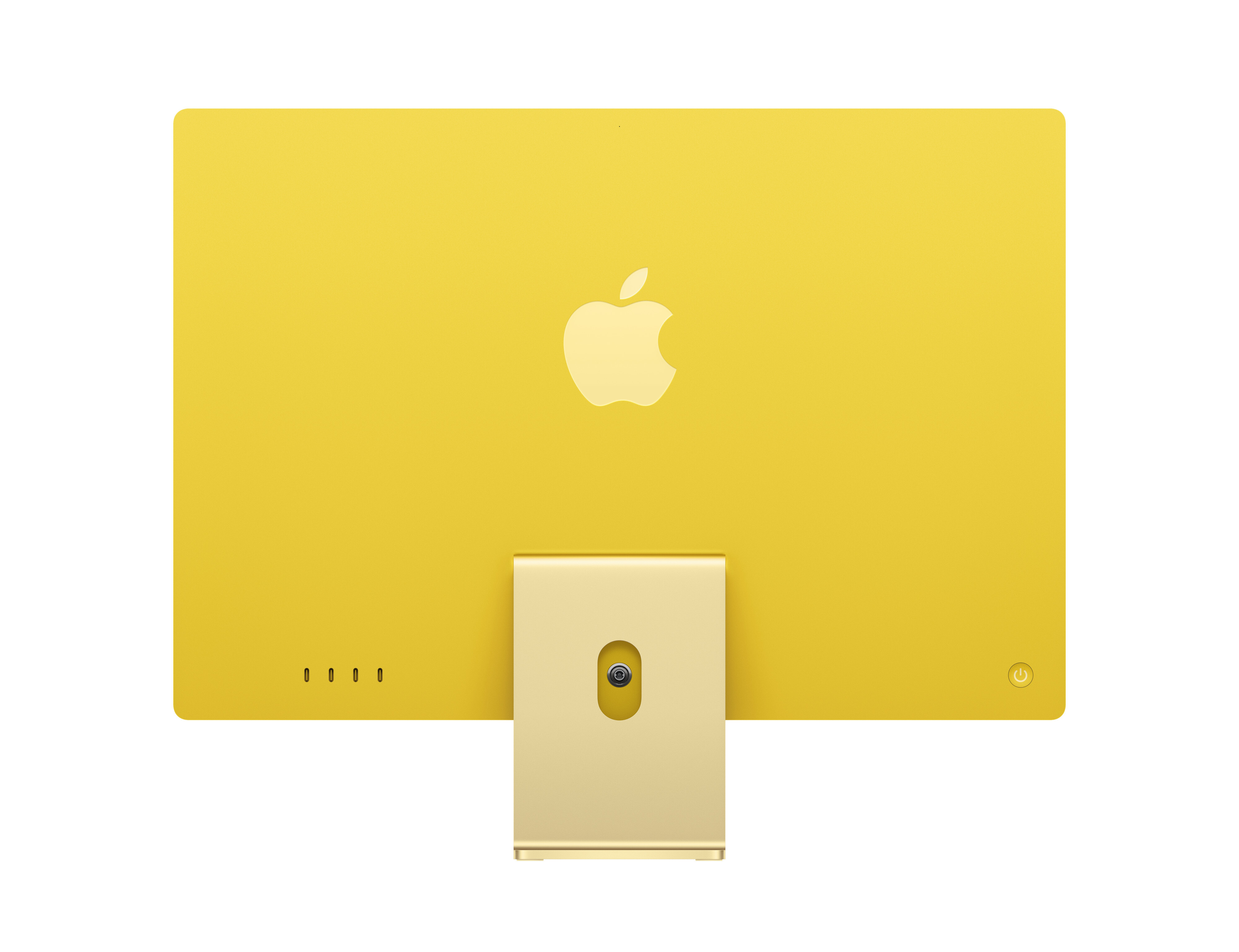 Widok z tyłu żółtego iMaca. Widoczne logo Apple. Stojak na dole, przycisk zasilania w prawym górnym rogu.