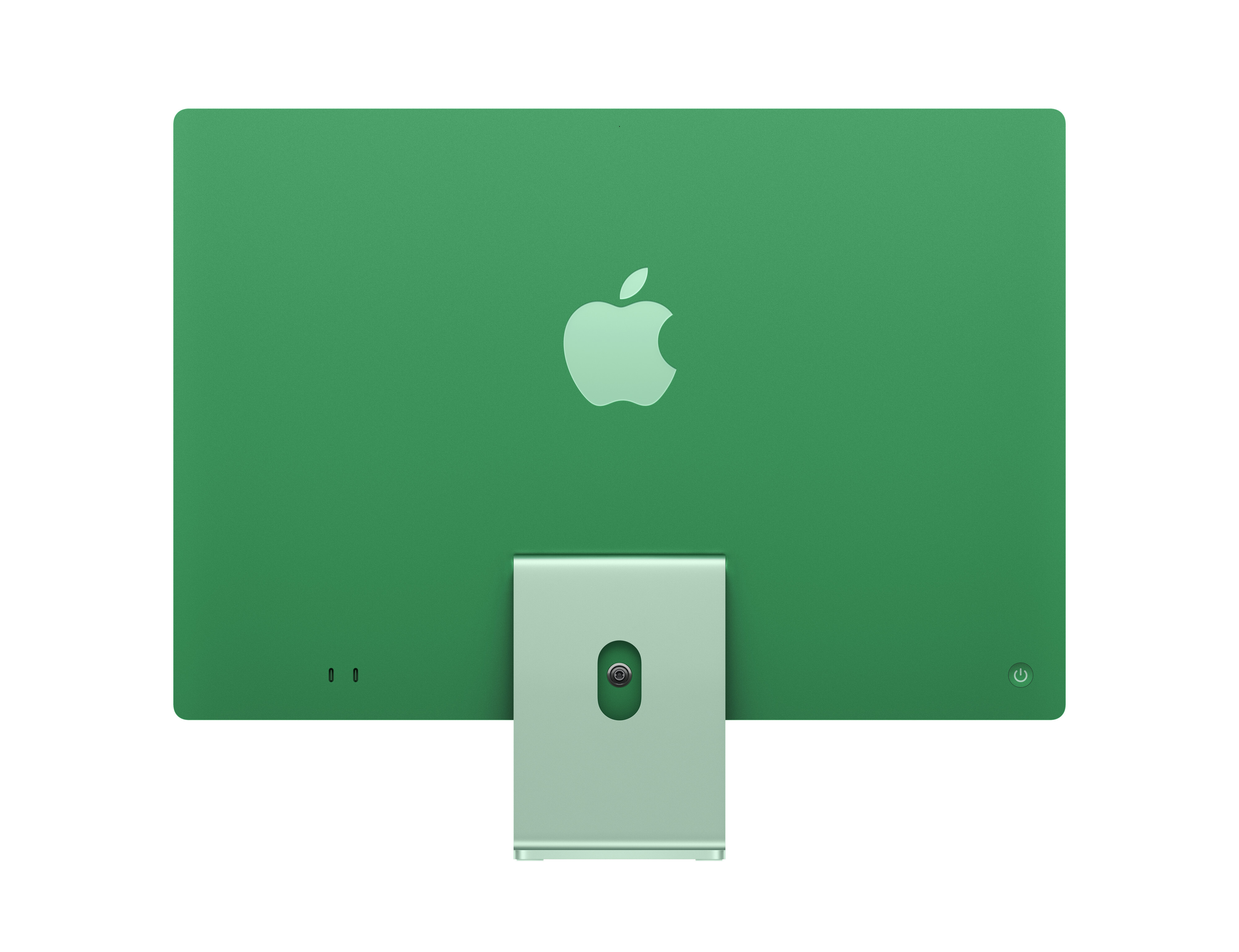 Widok z tyłu zielonego iMaca. Ma srebrne logo Apple, podstawkę i kamerę. Tło jest białe.
