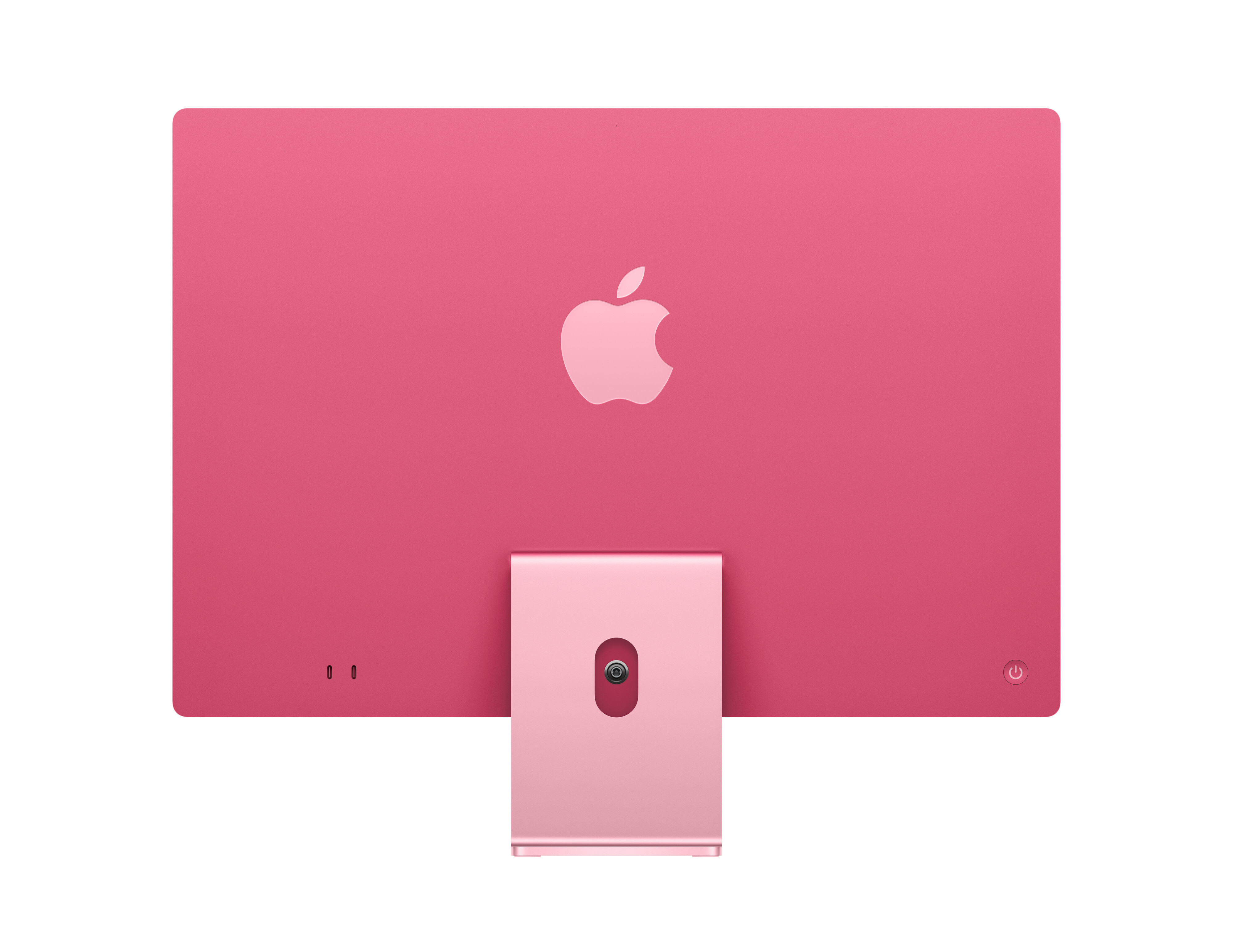 Widok z tyłu różowego iMaca. Ma różową podstawę. Logo Apple jest na ekranie i przycisk zasilania.