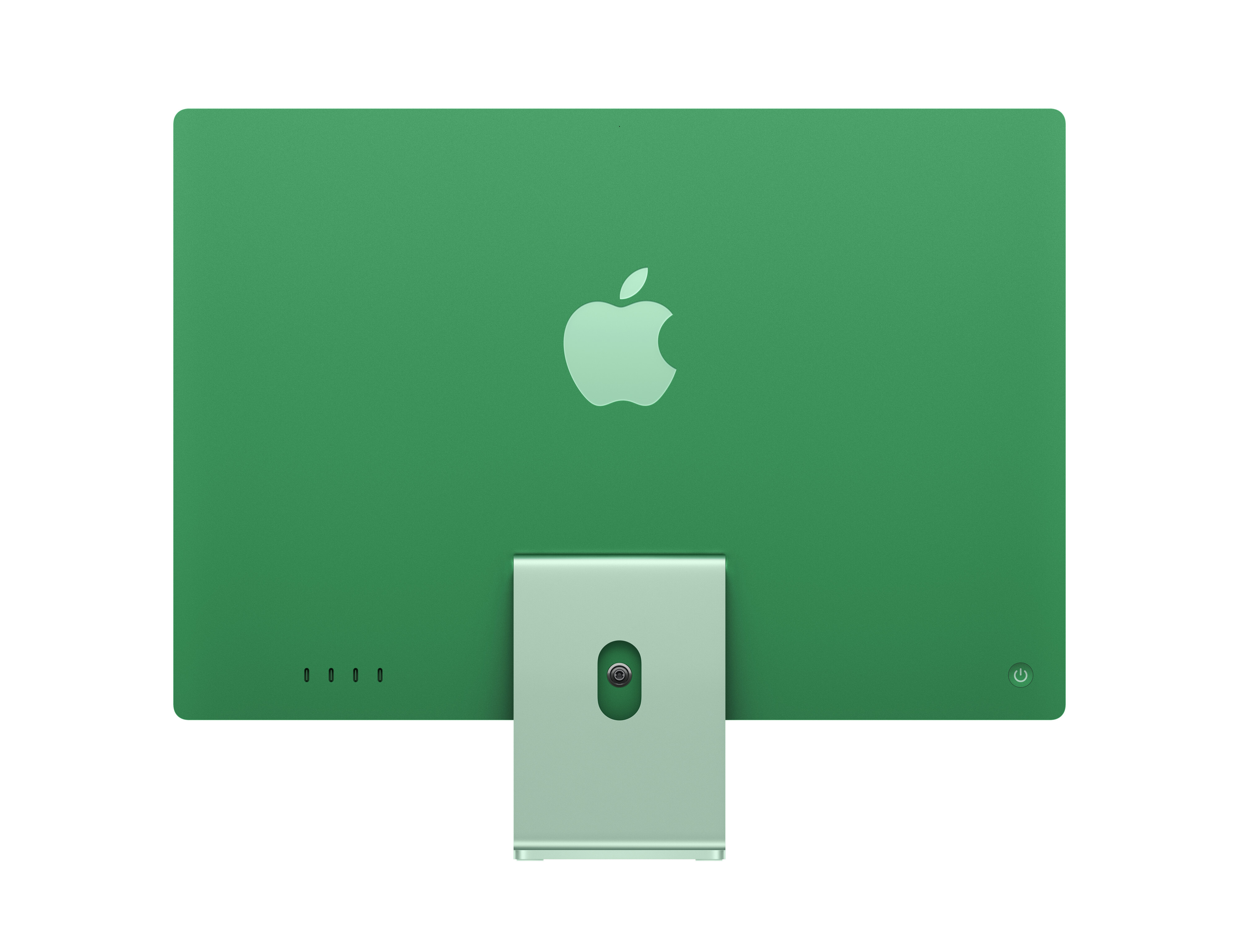 Vista trasera del iMac verde de Apple. Presenta el logotipo de Apple, botón de encendido y soporte. El fondo es blanco.