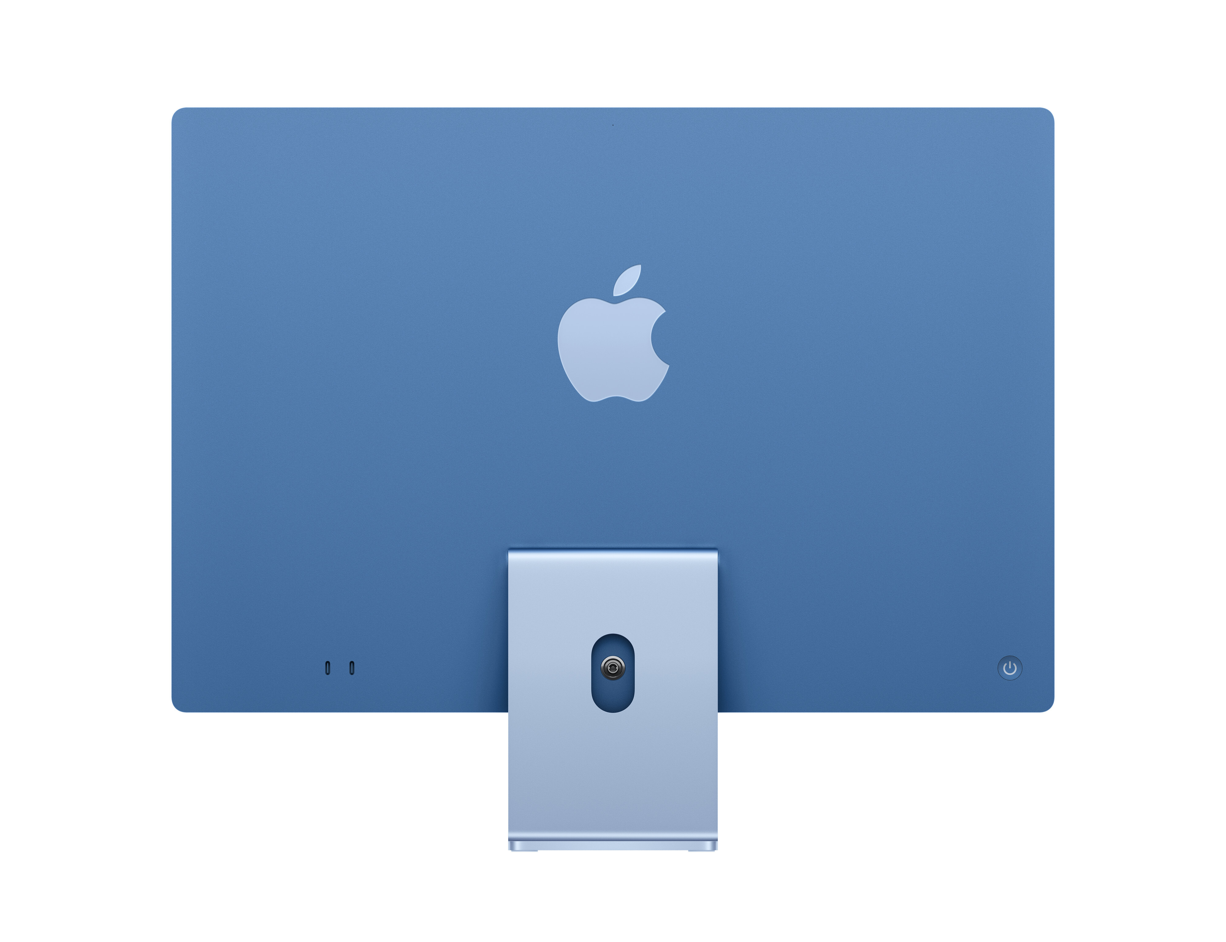 Vista trasera de un iMac azul con el logotipo de Apple. El soporte es plateado y el fondo blanco.