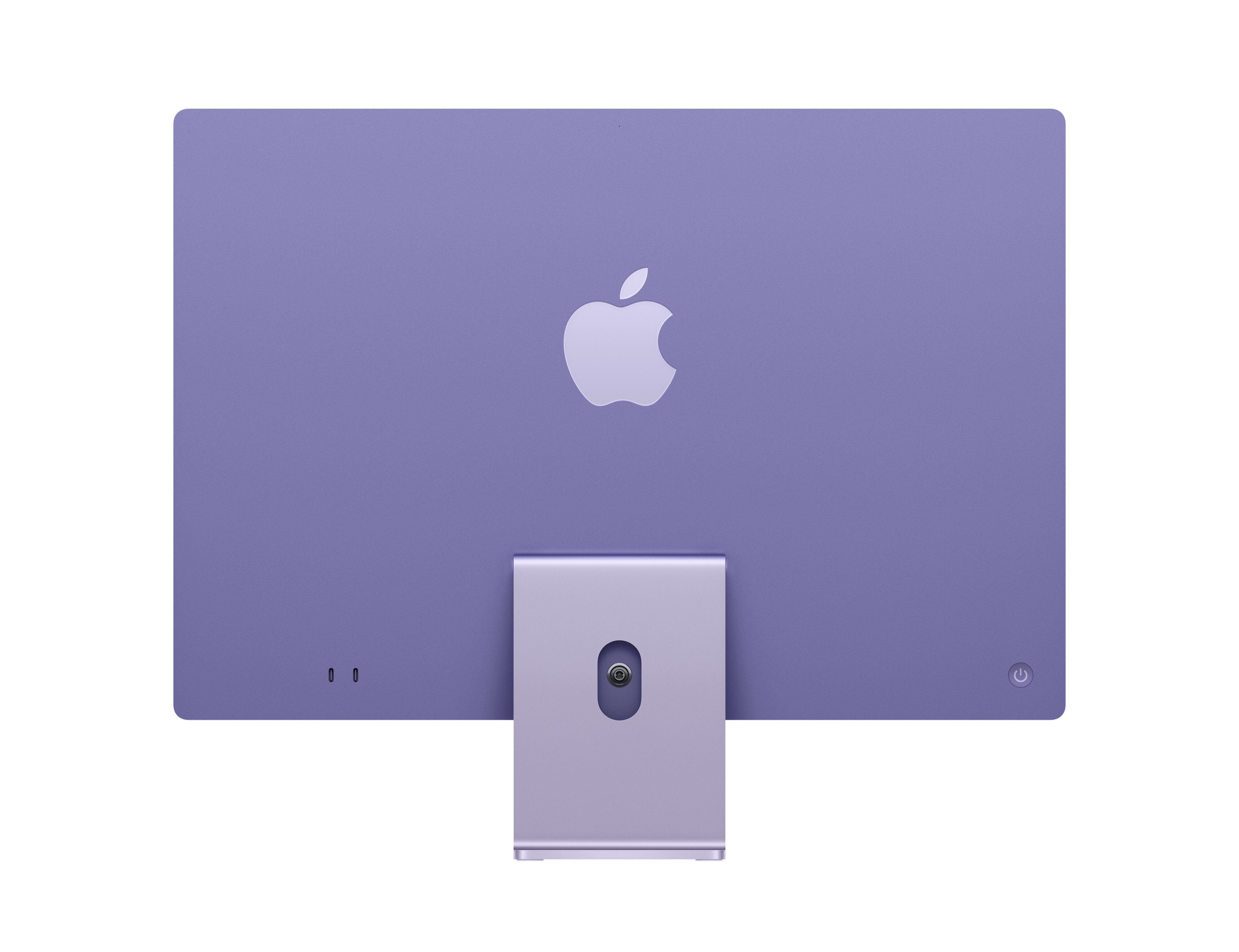 Vista trasera de un iMac morado. Tiene un soporte plateado y el logotipo de Apple. Se ven los puertos de alimentación y otros.
