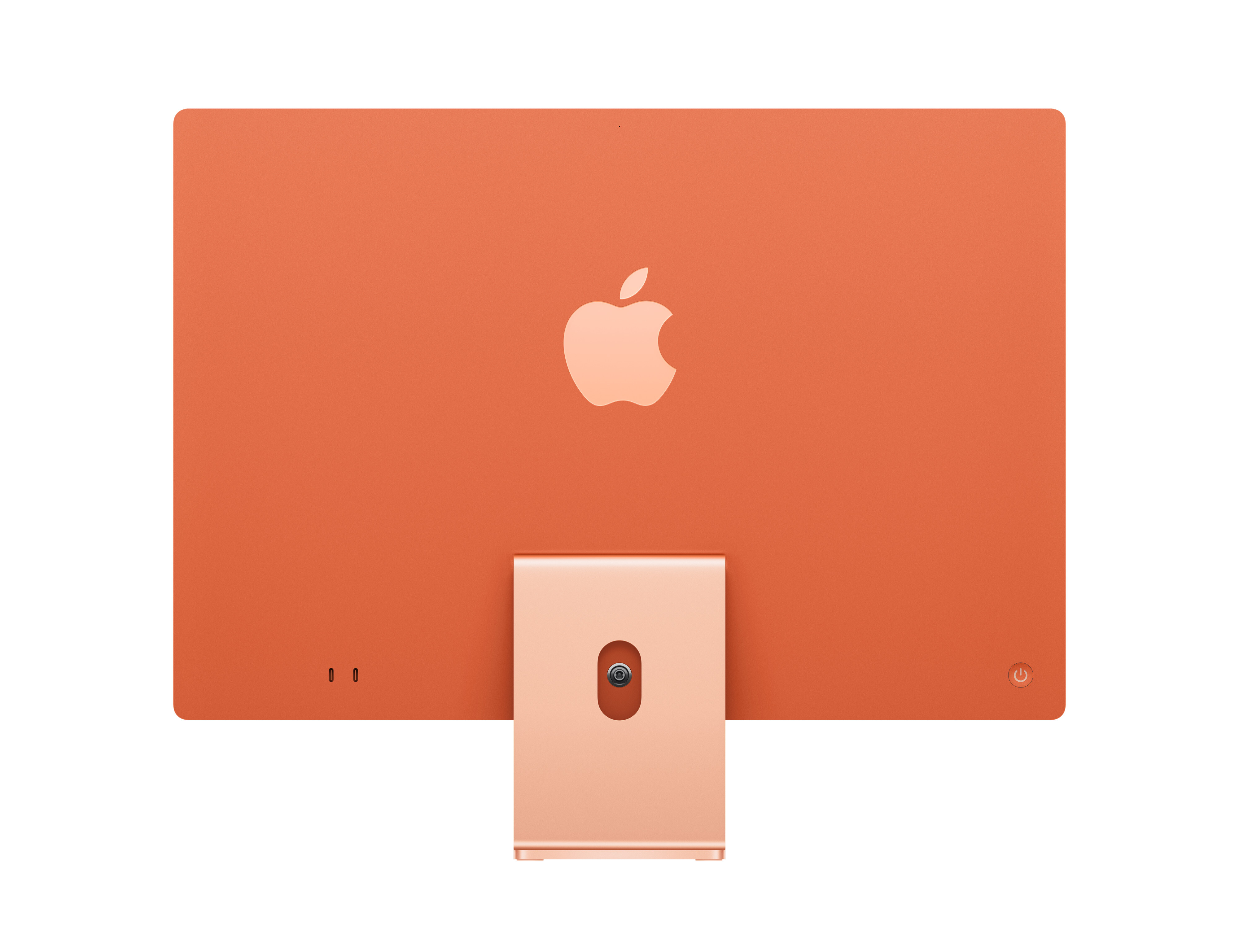 Vista posteriore di un iMac arancione. Logo Apple bianco centrato. Supporto e porte in basso.