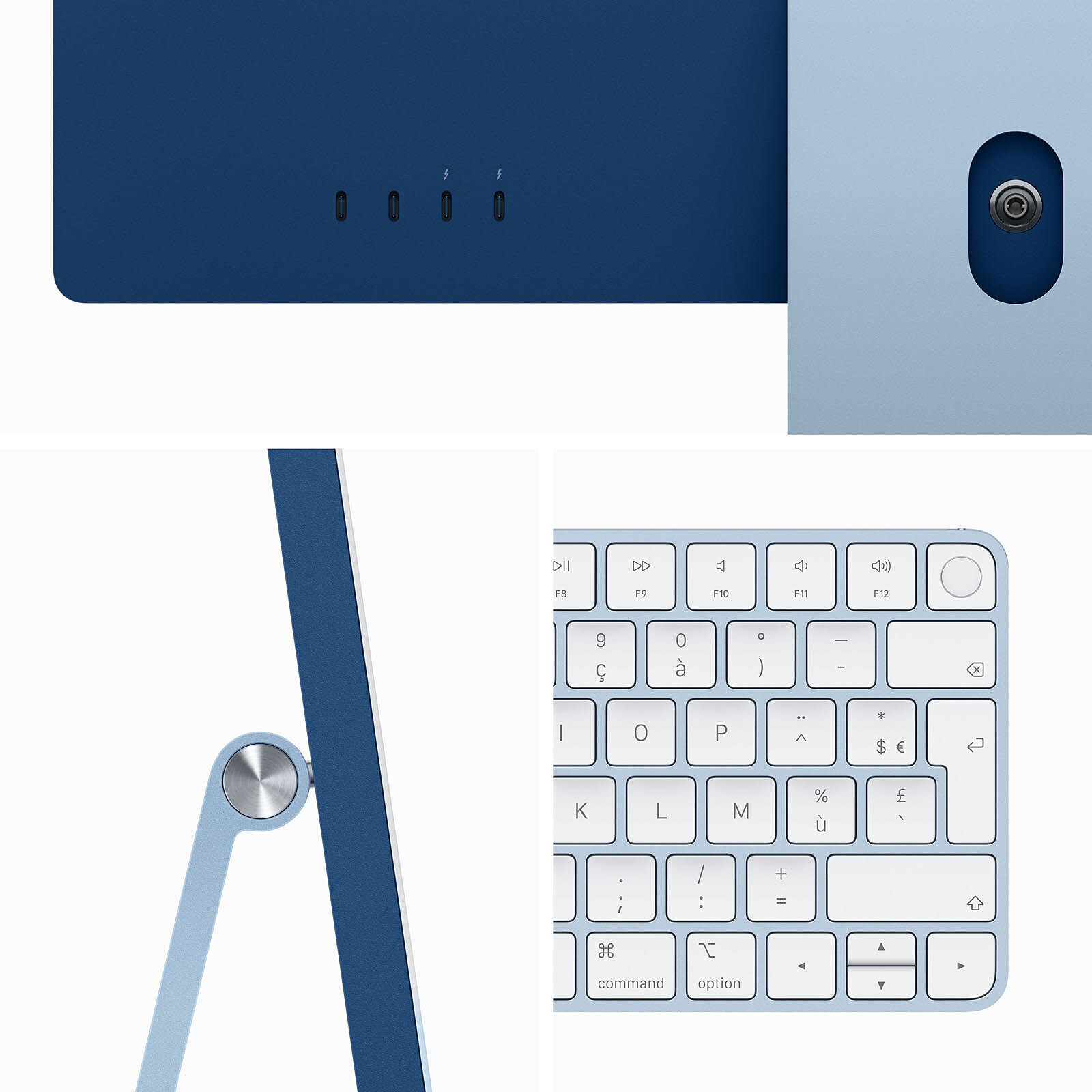 Ordenador iMac azul con teclado. Se ven detalles de los puertos, el soporte y el teclado. El diseño es moderno y minimalista.