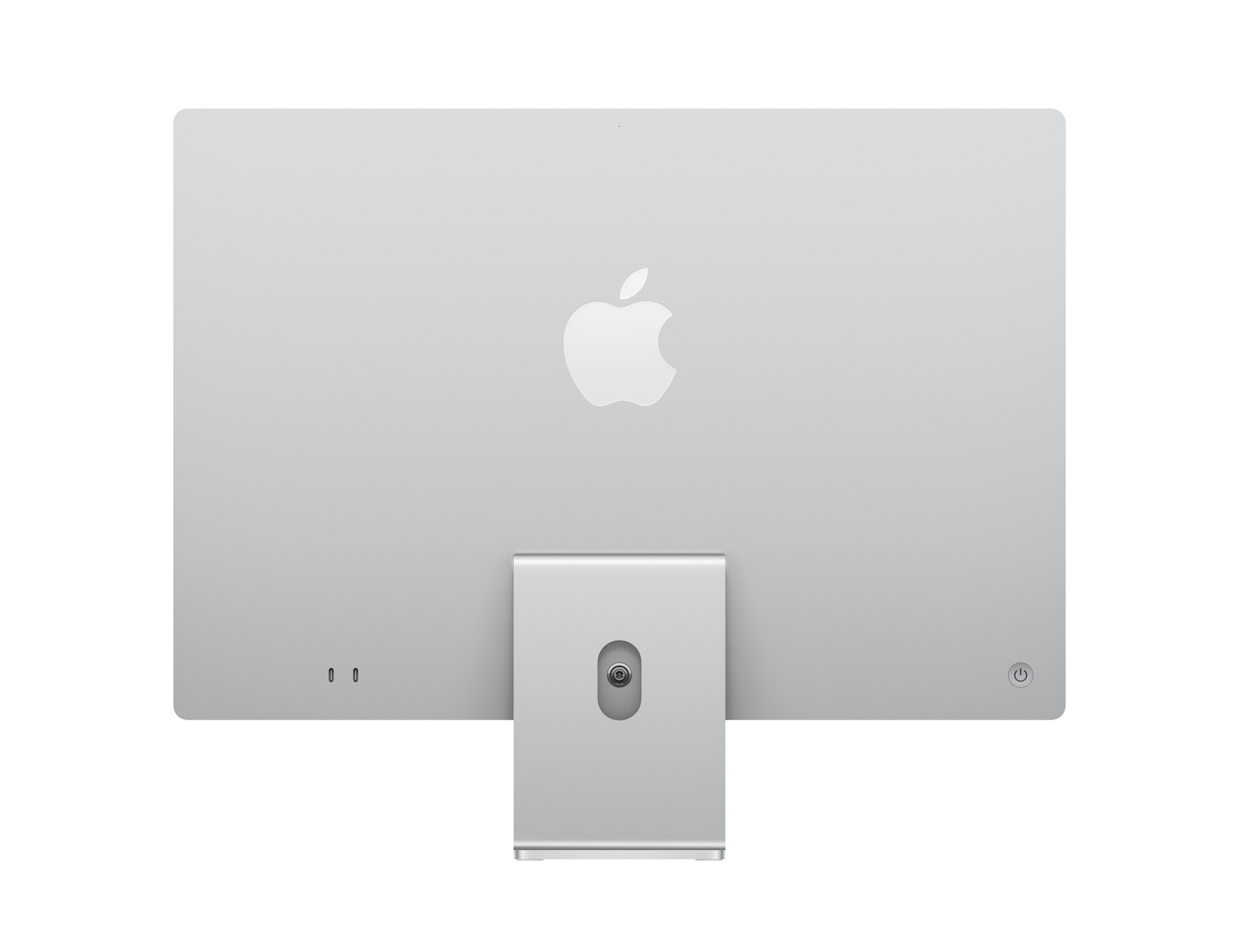 Widok z tyłu srebrnego Apple iMac. Logo Apple jest wyśrodkowane. Stojak i porty na dole.