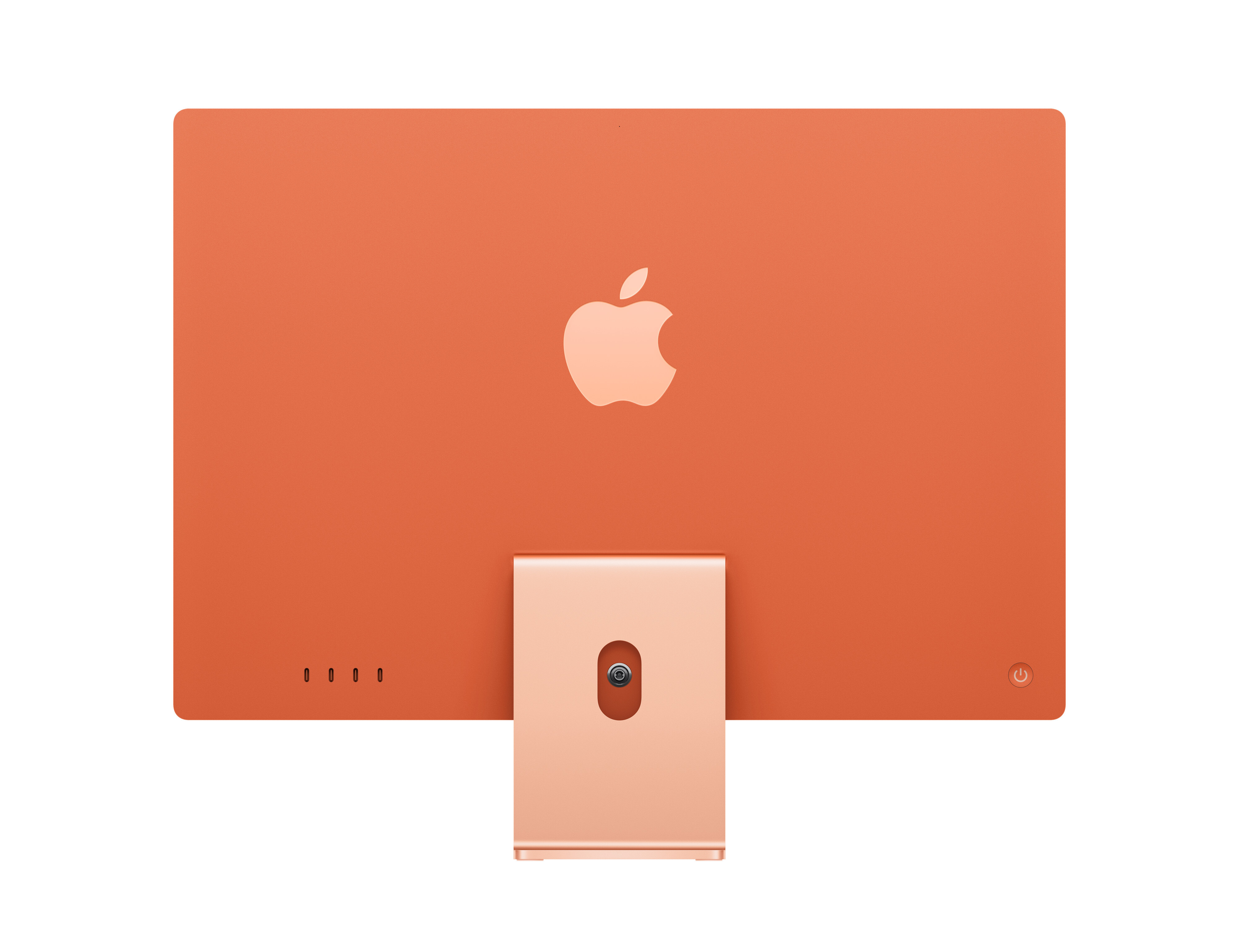 Widok z tyłu pomarańczowego iMaca. Widoczne logo Apple. Podstawa i porty na dole.