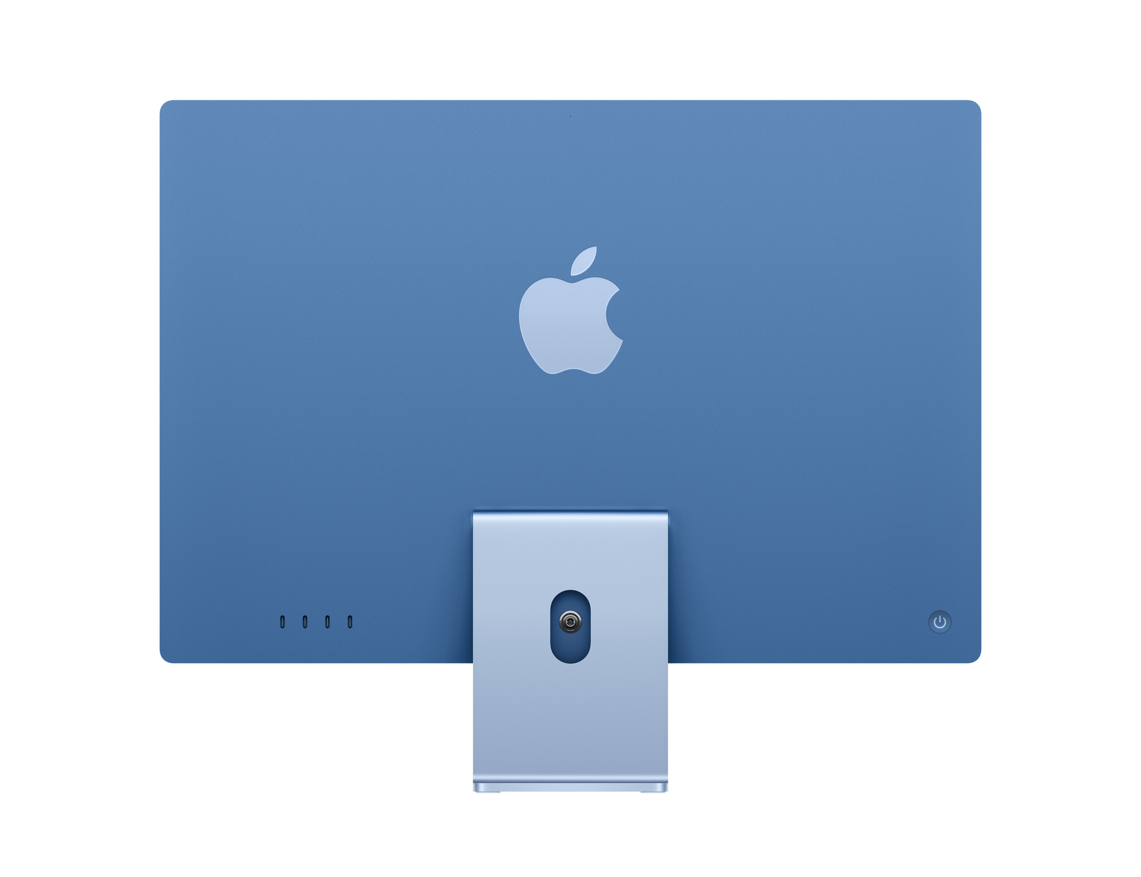 Widok z tyłu niebieskiego iMaca. Ma srebrne logo Apple, stojak i przycisk zasilania. Tło jest białe.