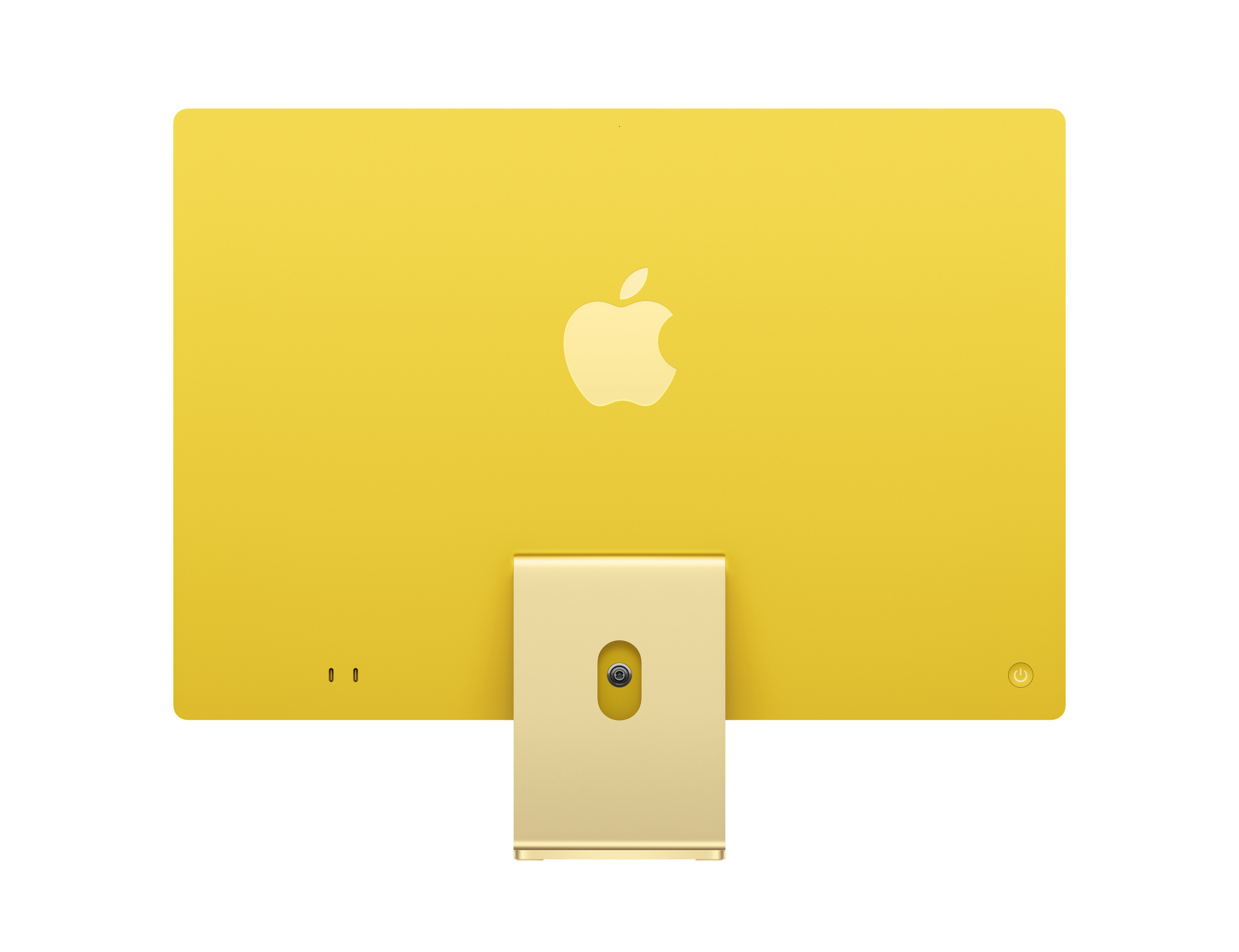 Widok z tyłu żółtego iMaca. Ma jasnożółte logo Apple. Podstawa jest złota i ma kamerę.