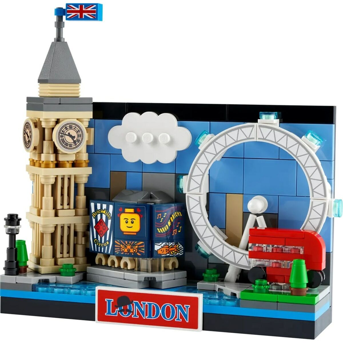 Model Lego londyńskich zabytków: Big Ben, diabelski młyn i czerwony autobus.