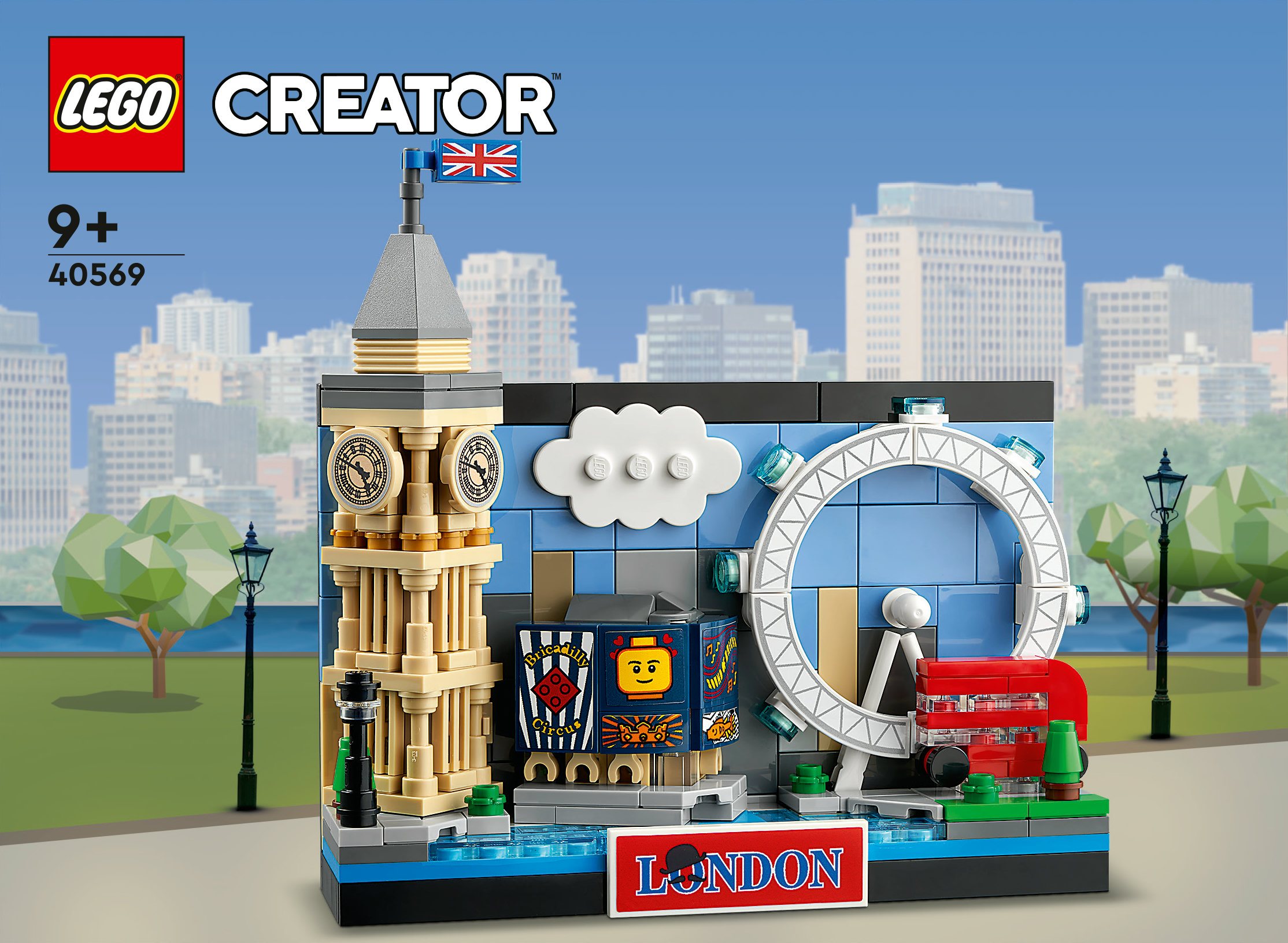 Zestaw Lego przedstawiający zabytki Londynu: Big Ben, London Eye, czerwony autobus i znak Londynu. Zawiera flagę Union Jack.