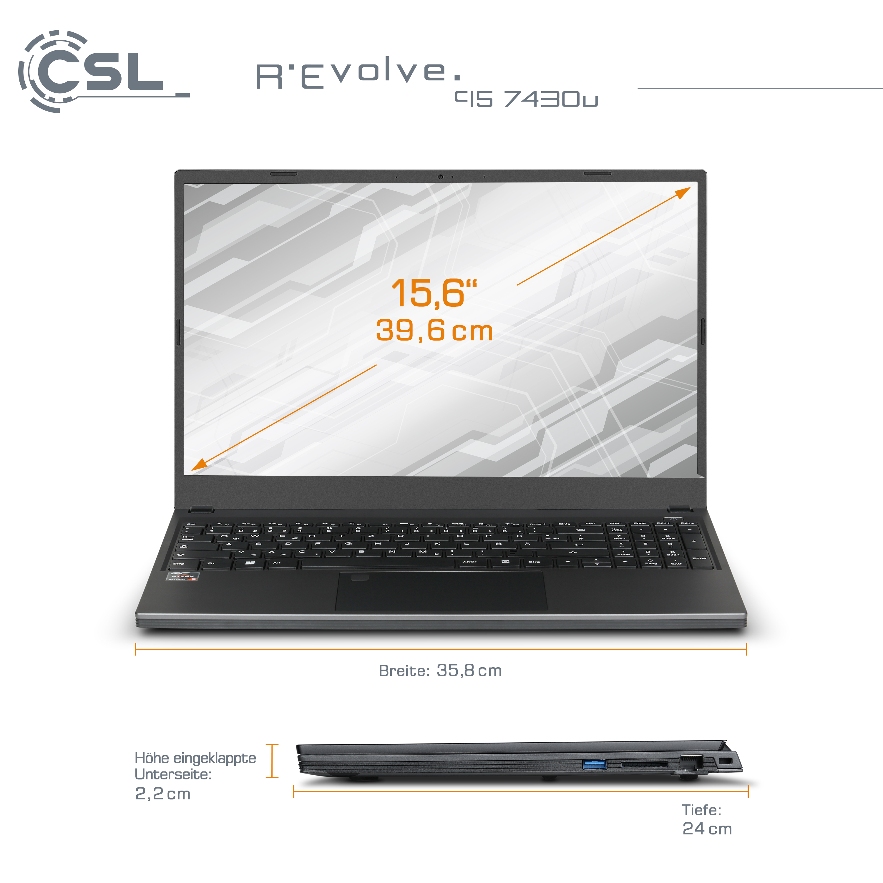 Ein Laptop mit schwarzer Tastatur und Bildschirm, mit angezeigten Abmessungen. Der Markenname CSL befindet sich oben links.