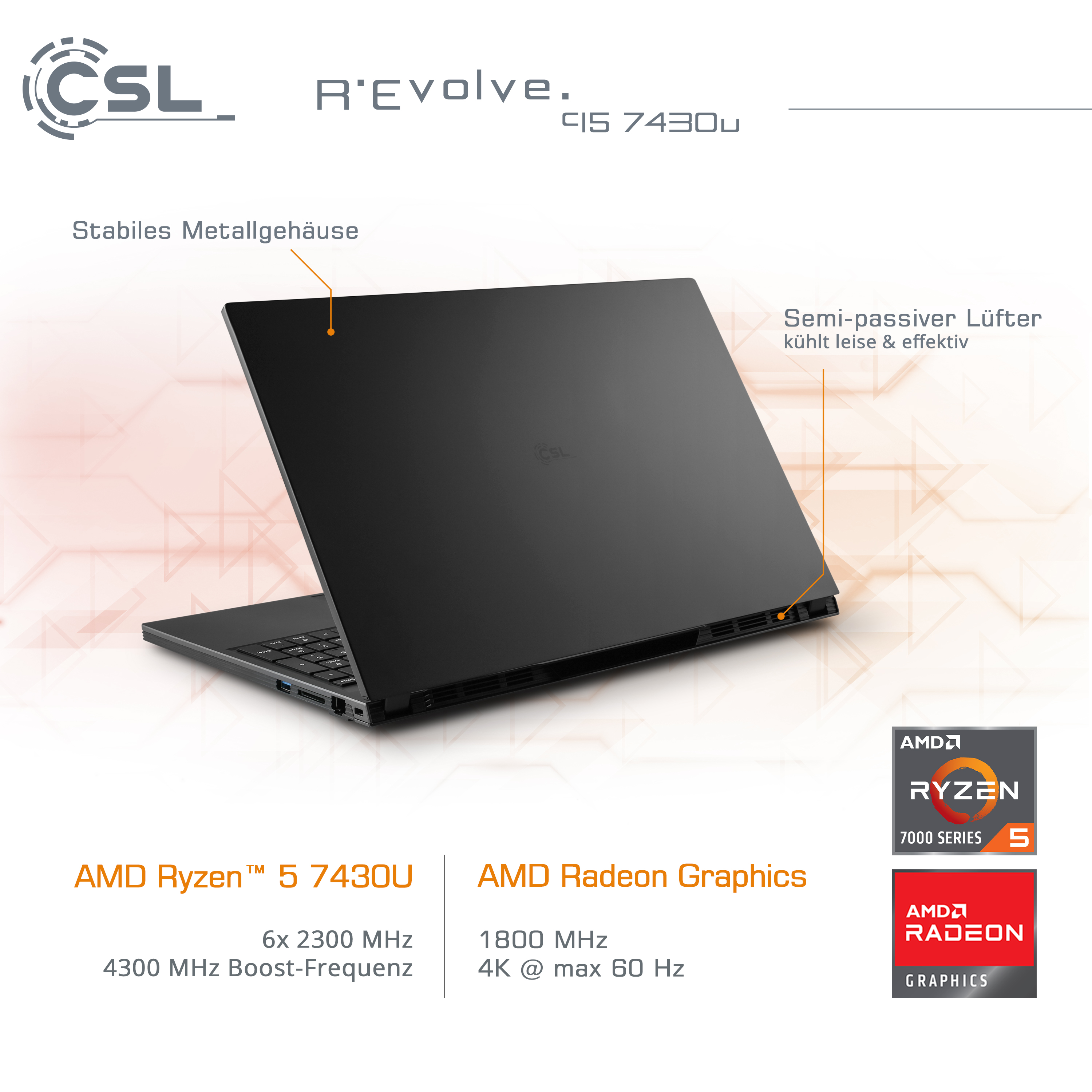 Schwarzer Laptop mit AMD Ryzen 5, Radeon Grafik, und CSL Logo. Text hebt Merkmale und Spezifikationen hervor.