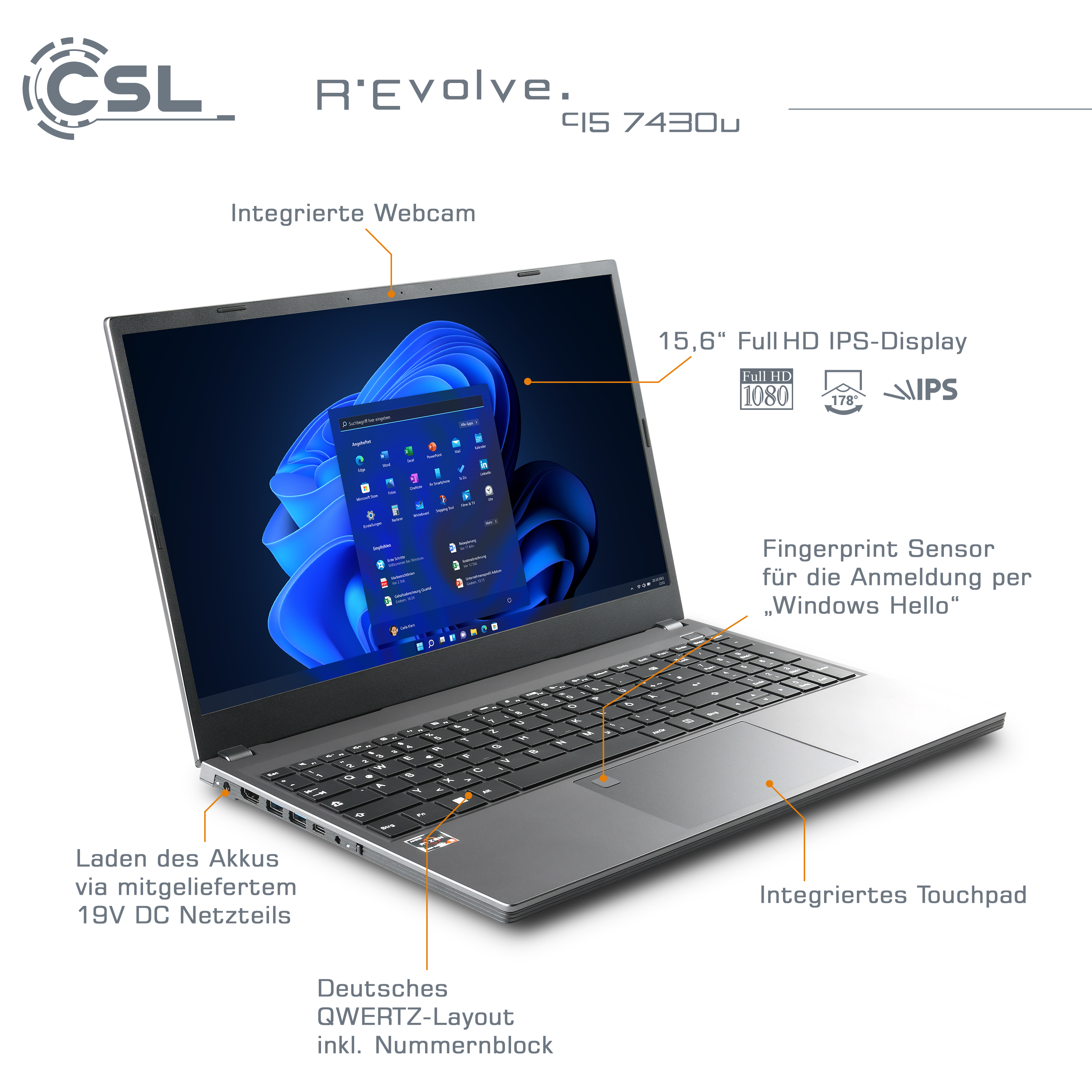 Ein Laptop mit Bildschirm, der Apps anzeigt. Merkmale: Webcam, Tastatur und Touchpad.