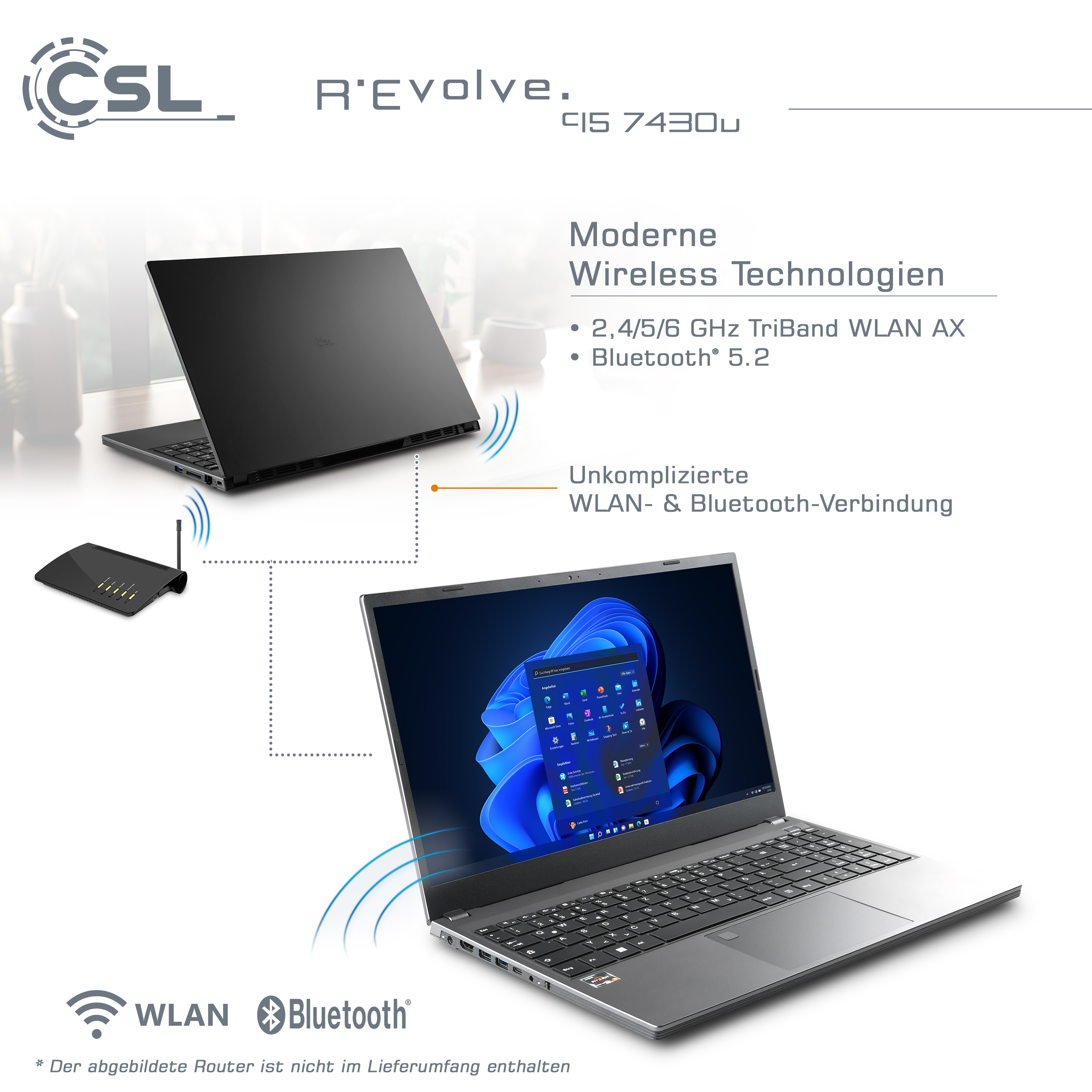 CSL R'Evolve Laptop mit WLAN- und Bluetooth-Technologien, daneben ein Router.